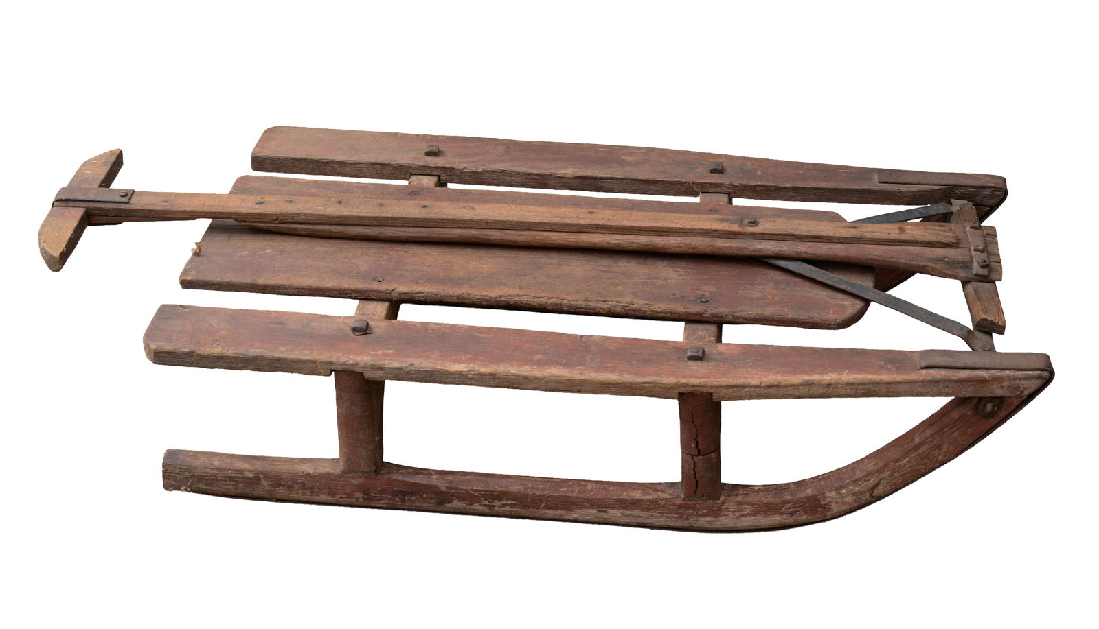 19TH CENTURY LOG SLED IN RED PAINT.: Overall length 83 inches, length of sled 42 inches, width 19 inches.