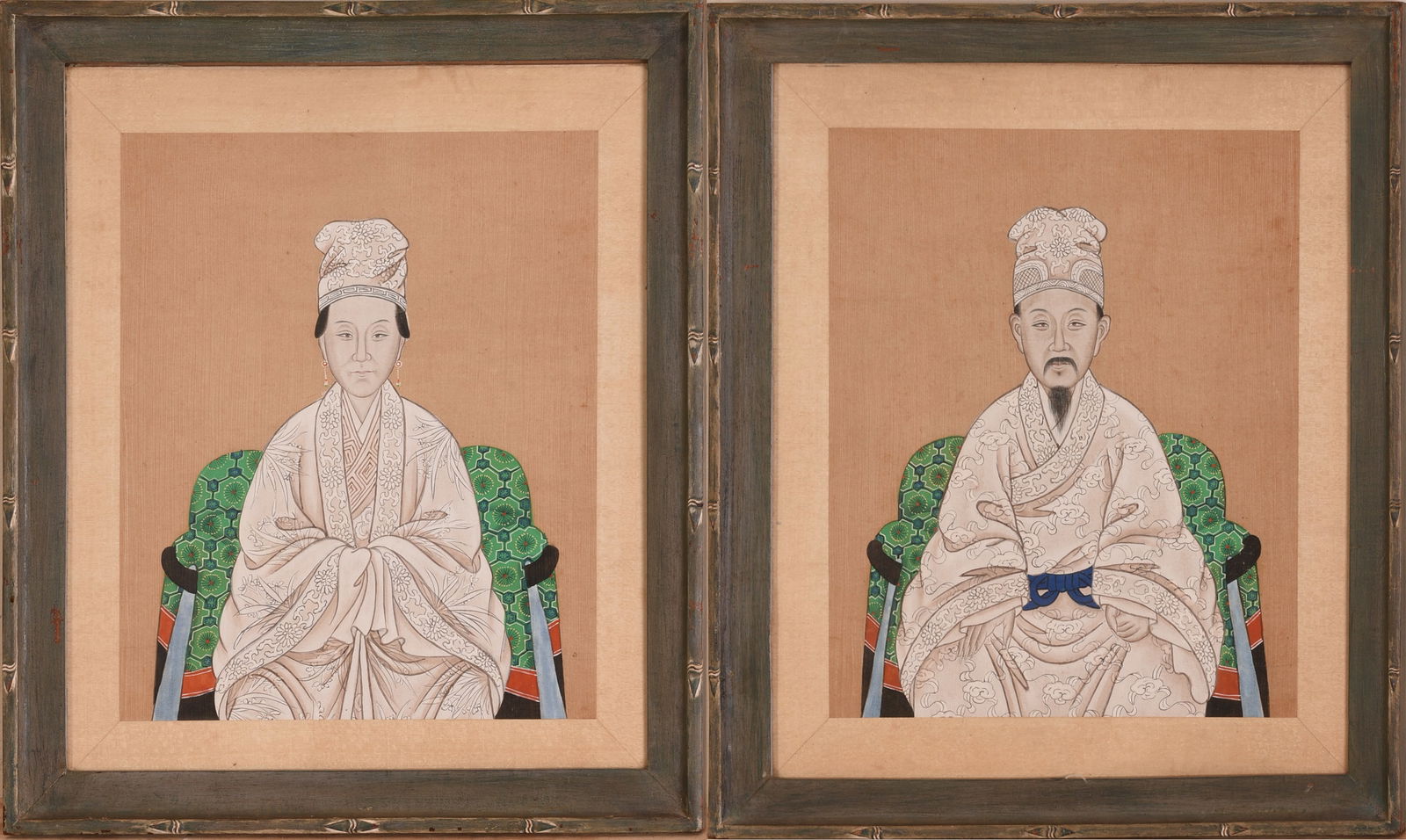 Pair of Chinese Ancestor Portraits.: Watercolor and gouache on paper, 17.5 x 14.5 inches. Framed, 25 x 21.5 inches.