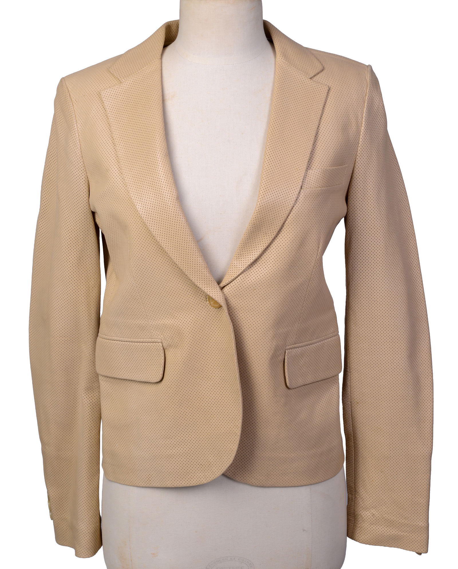 Vintage Gucci Tan Leather Blazer, Size S.: Very good condition, width across shoulders 14.5 inches, length 21 inches.