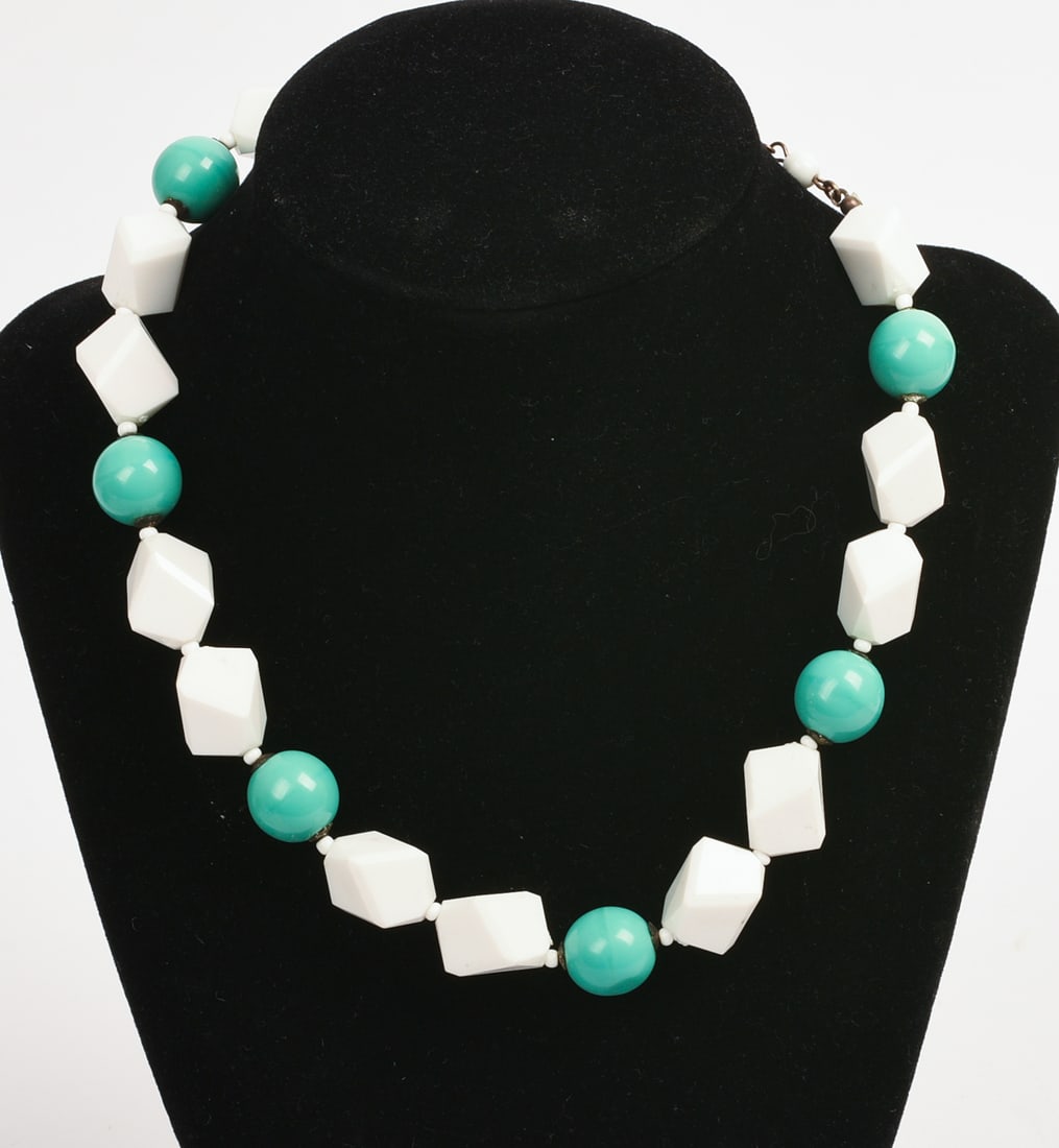 Miriam Haskell White and Teal Beaded Necklace.: Length 16 inches.
