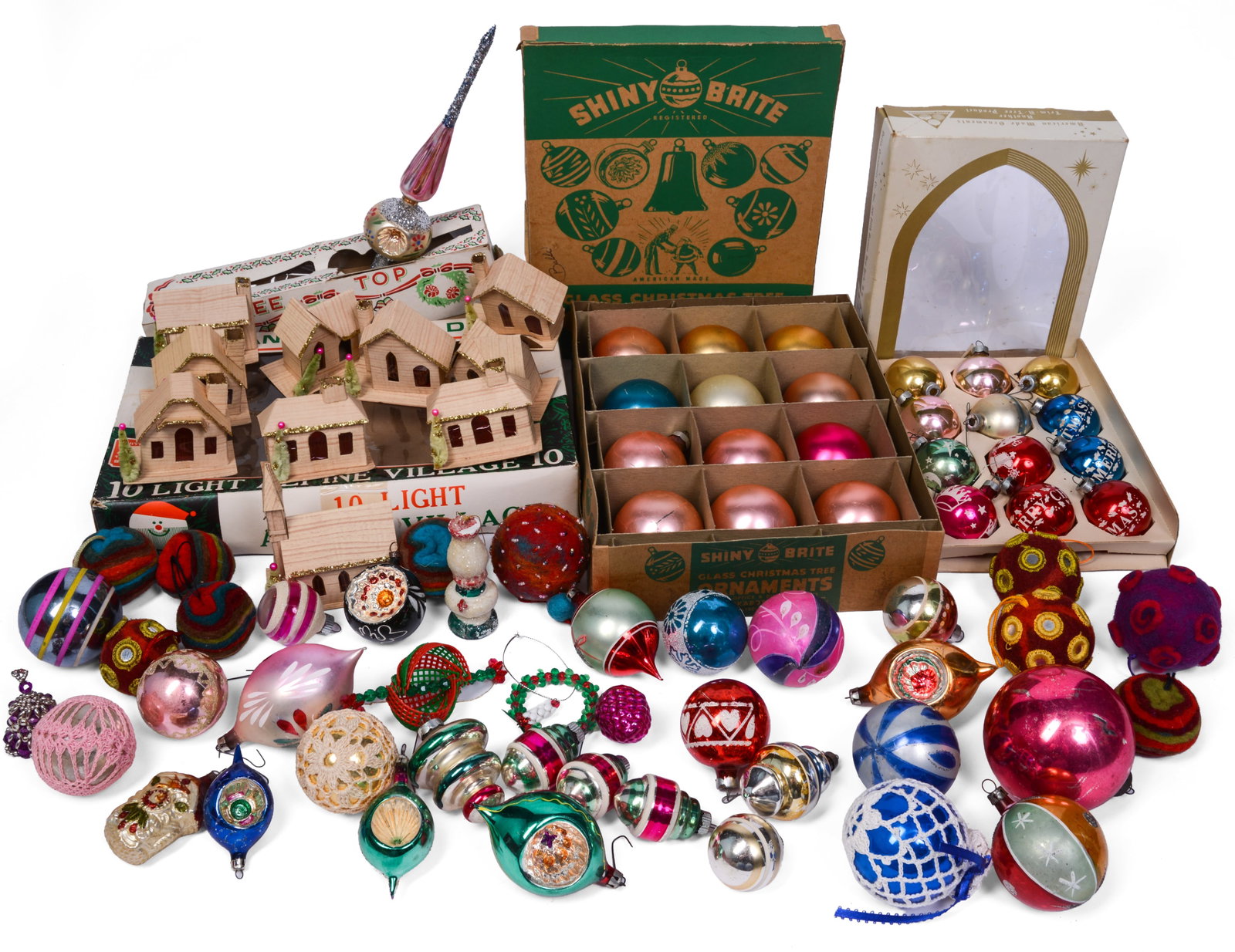 Collection of Vintage Christmas Ornaments.: Including a glass tree topper and others.