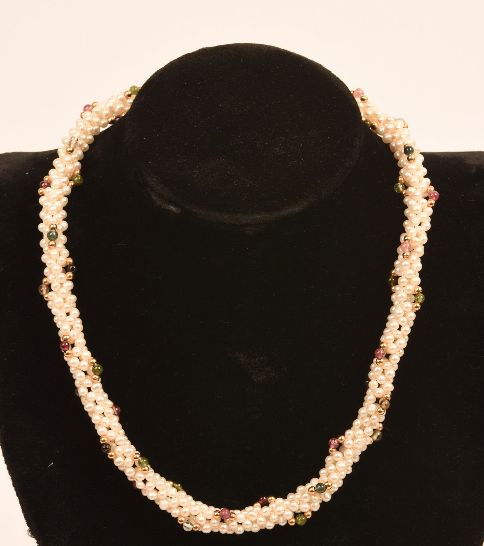 14K, Tourmaline and Pearl Necklace.: Length 17 inches.