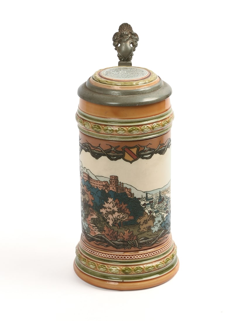 Mettlach View of Heidelberg Stein: #1675, 1/2L. Height 8.25 inches, very good condition.