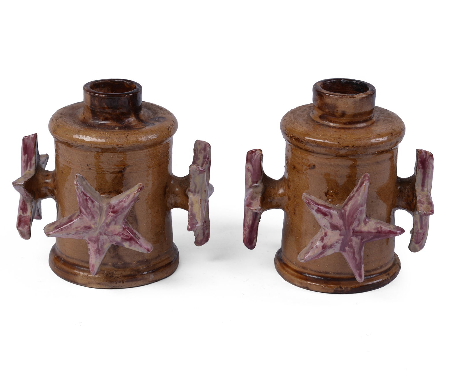 Pair of Bavent French Pottery Candlesticks.: Decorated with applied stars, signed with mark for Poterie du Mesnil de Bavent, Normandy, France. Height 4.5 inches.
