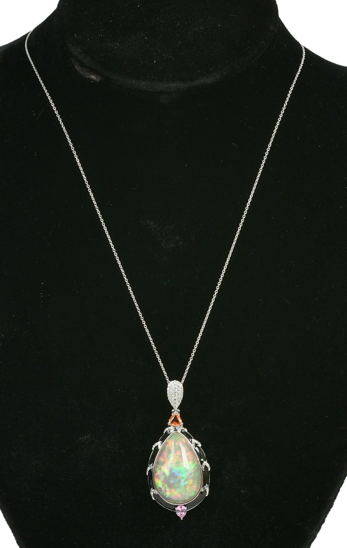 Platinum Natural Opal, Yellow/Pink Sapphire Corundum and Diamond Pendant with Chain (1 of 5)