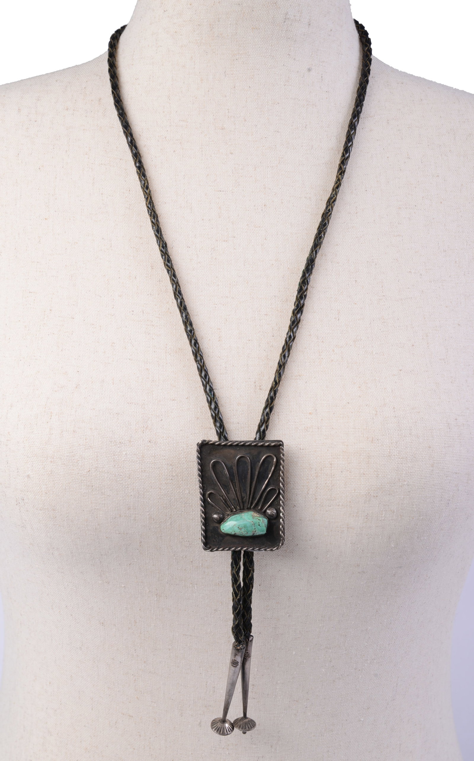 Bennett Turquoise Bolo Tie.: 2 x 1.5 inches, length 30 inches.