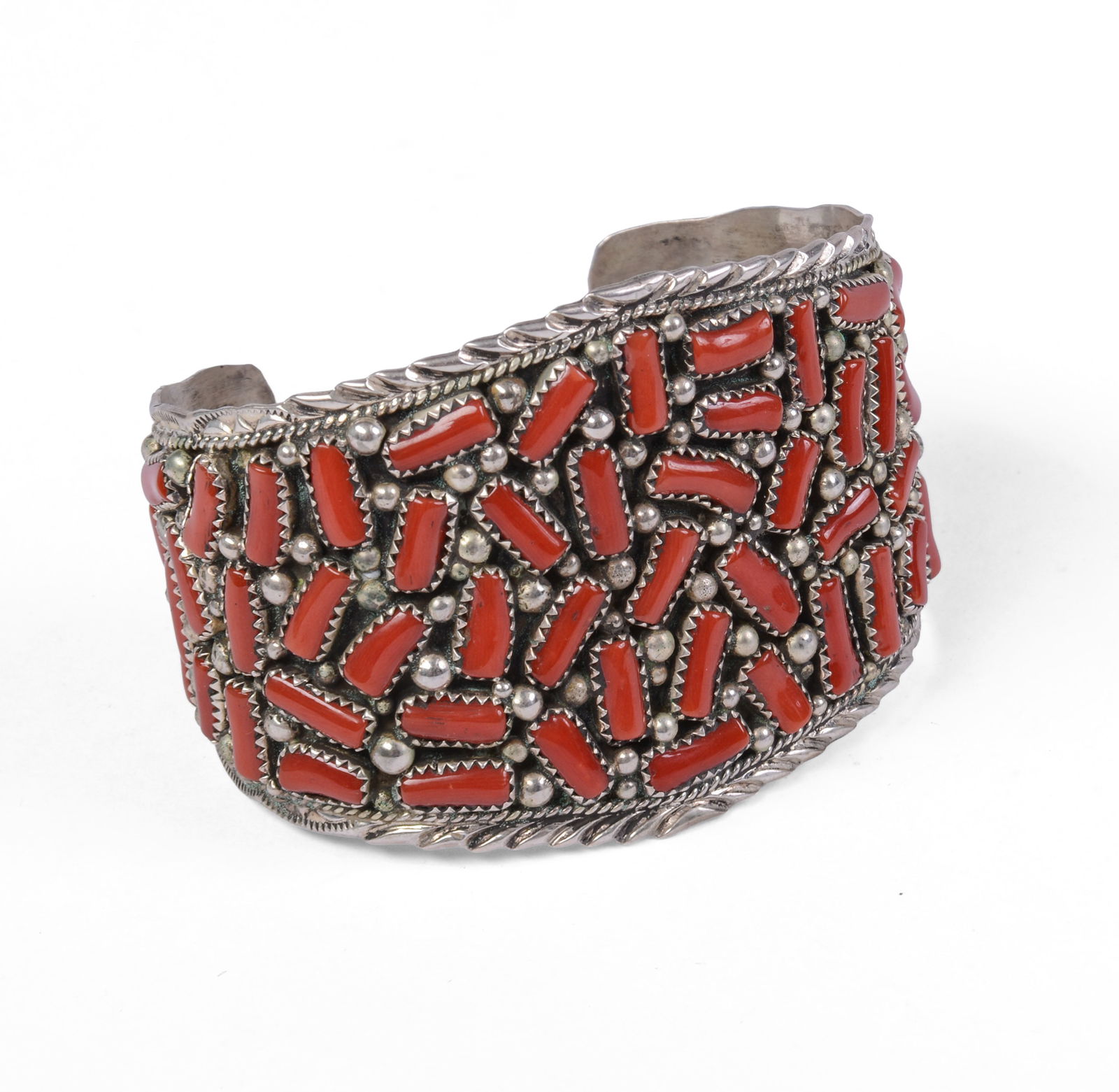 Navajo Red Coral Sterling Cuff Bracelet. (1 of 5)