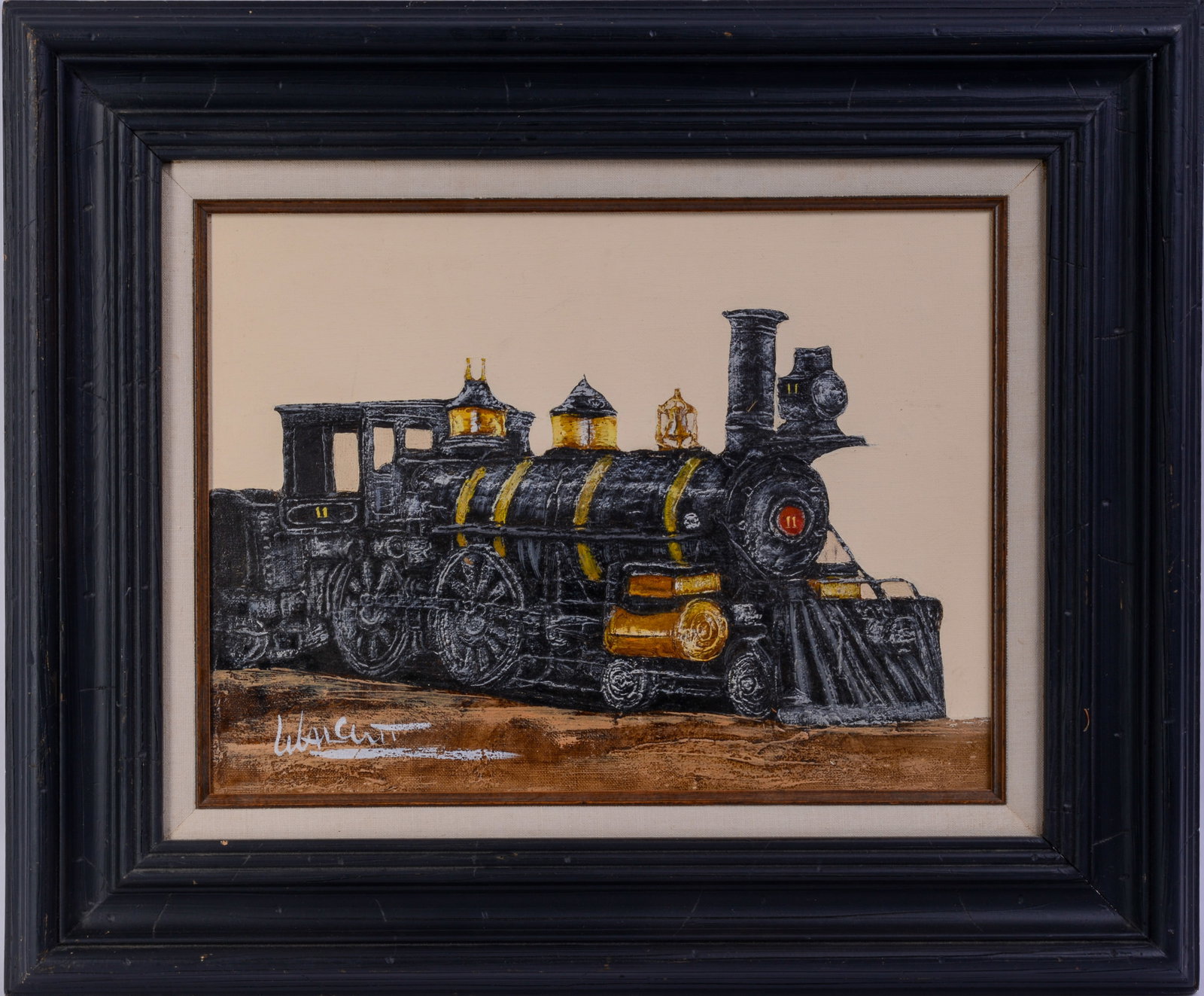 Retro Painting of a Train.: Oil on canvas, dated 1981 on verso. Framed, 20 x 24 inches.