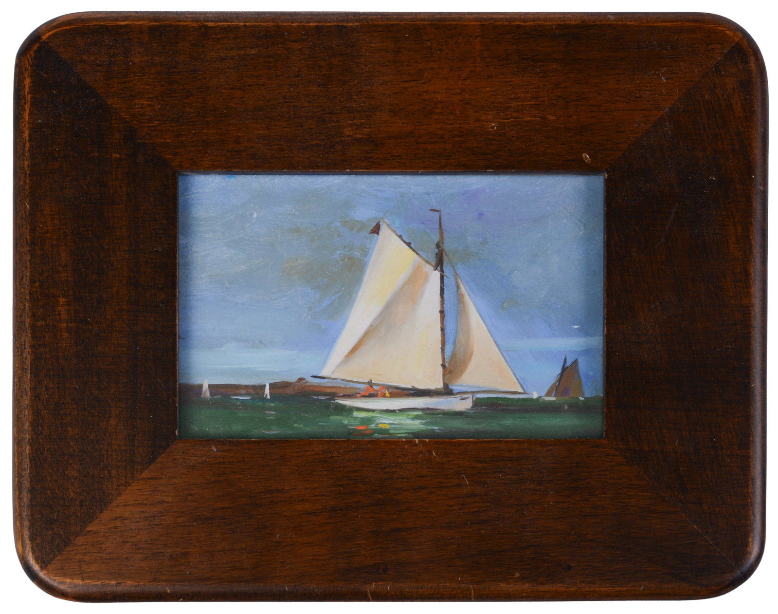 Vernon George Broe (1930 - 2011). Sailboat.: Oil on board, 3.5 x 5.5 inches, signed VB lower right.