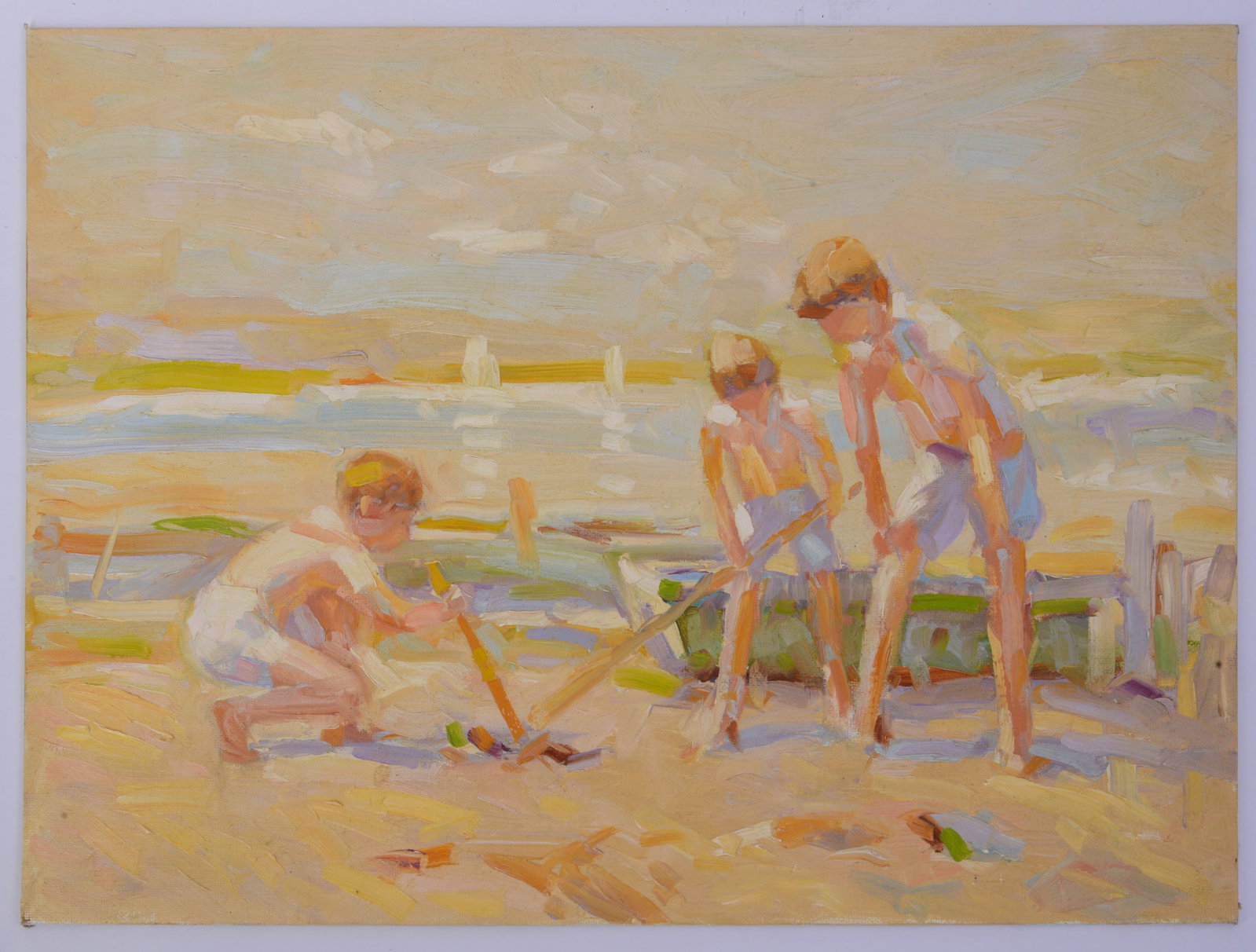Vernon George Broe (1930 - 2011). Children at The Beach.: Oil on board, 12 x 16 inches, estate stamp on verso.