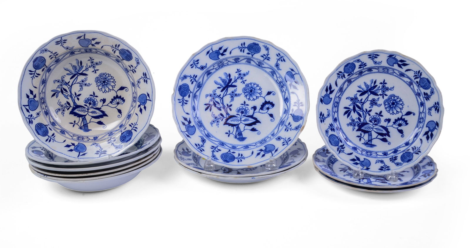 Twelve LS & S Blue Meissen Dishes.: Six soup bowls, diameter 9 inches, two salad plates, four dinner plates.