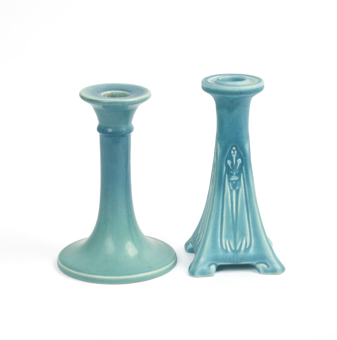 Two Rookwood Pottery Candlesticks.: Heights 6.25 and 6.75 inches. Excellent condition.