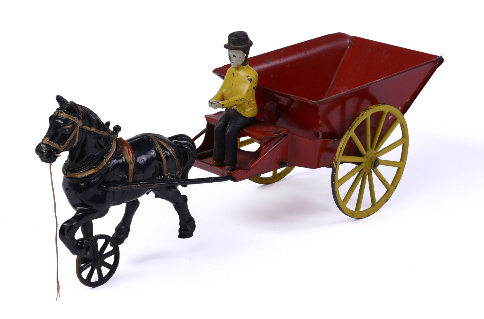 Early Cast Iron and Tin Horse Drawn Dump Wagon. (1 of 4)