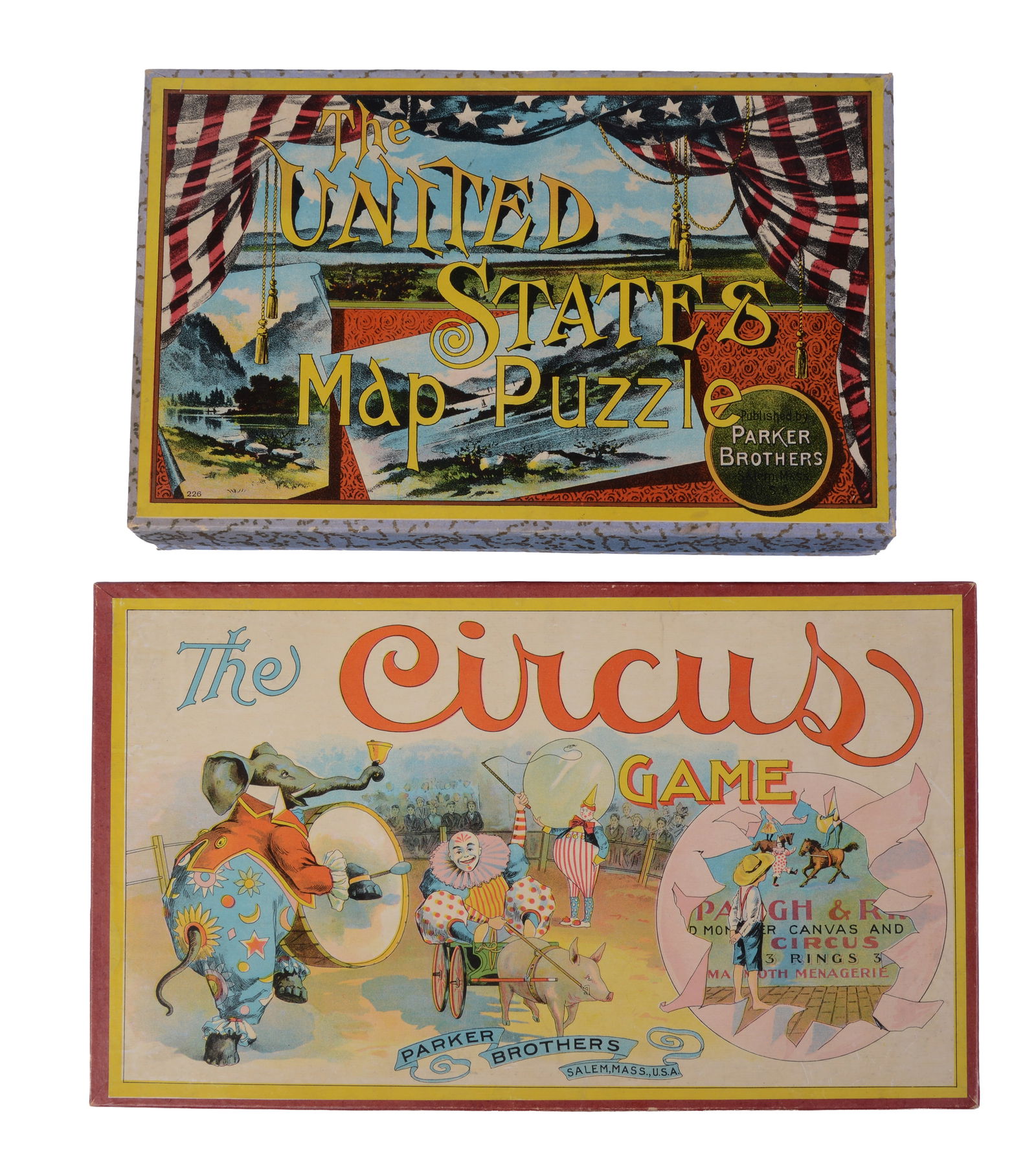 Parker Brothers United States Map Puzzle and The Circus Game.: Both with some minor wear, box lengths 12.5 and 15 inches.
