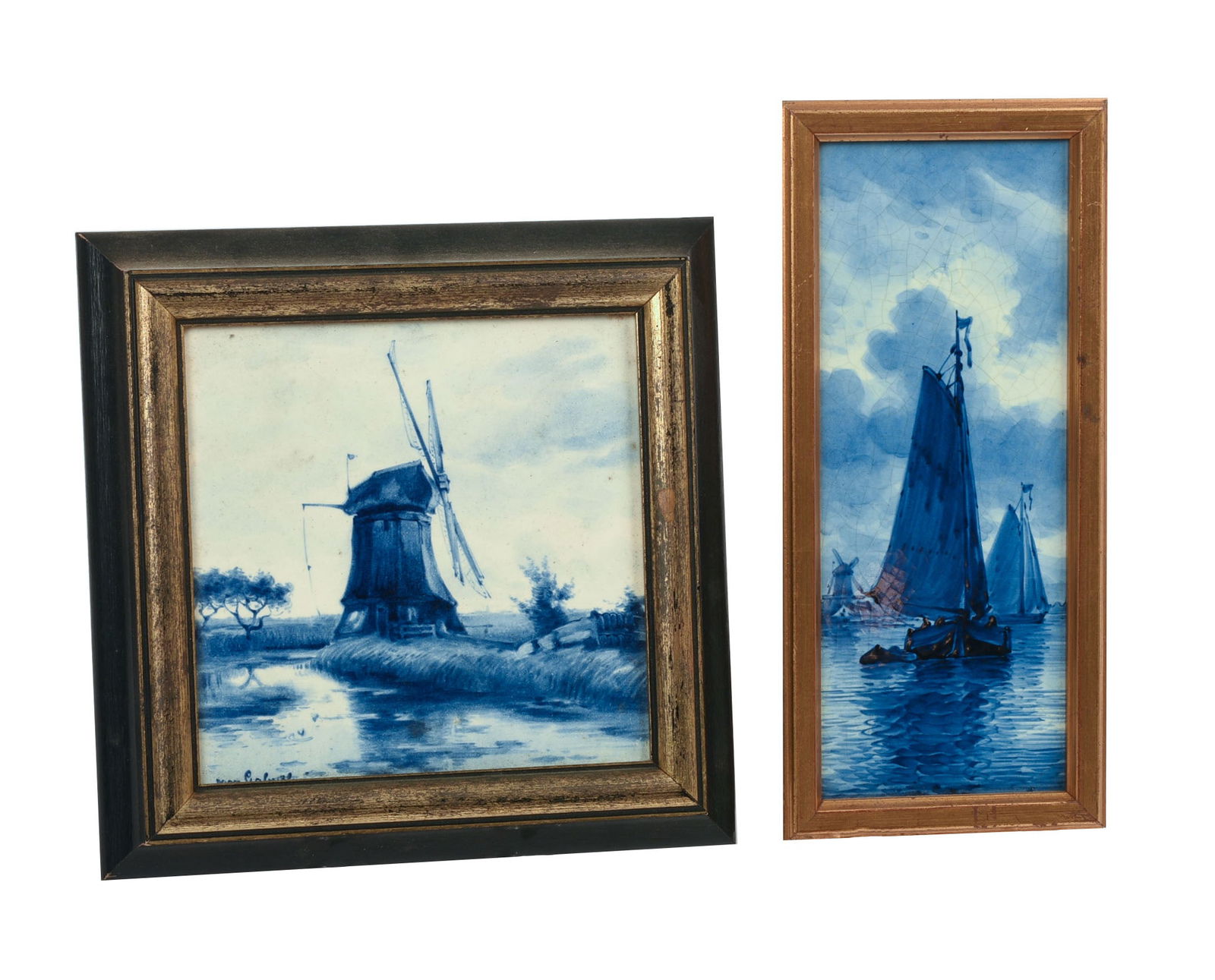 TWO DELFT PORCELAIN PLAQUES.: One signed lower left. Both framed, 7.5 x 7.5 and 8.75 x 4 inches.