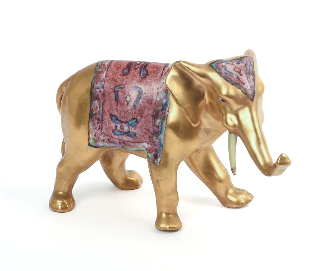 HAND PAINTED GILT PORCELAIN ELEPHANT FIGURINE. (1 of 5)