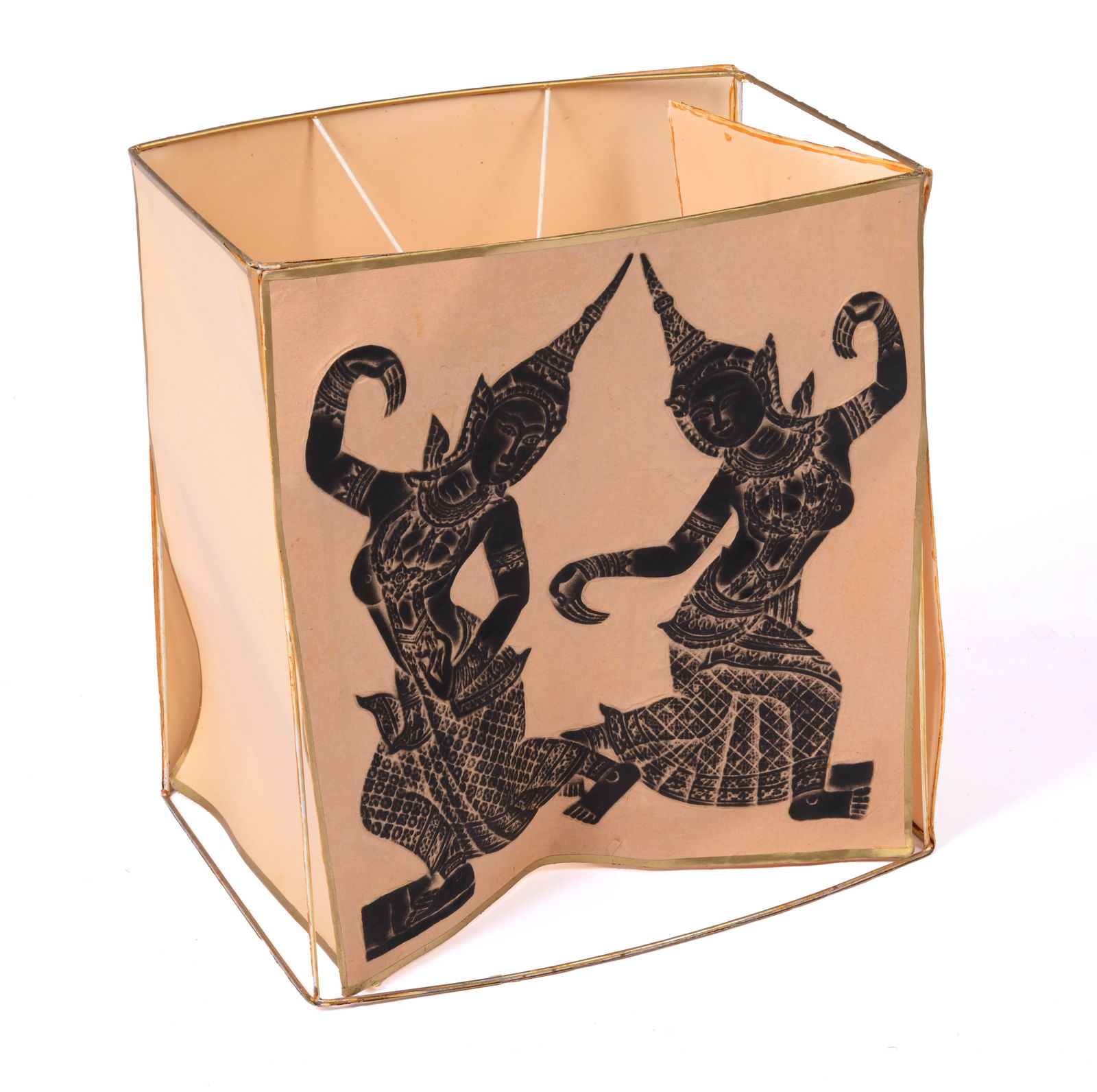 TIBETAN TEMPLE RUBBING LAMP SHADE.: 18 x 17 x 12 inches. Corners need to be reglued.