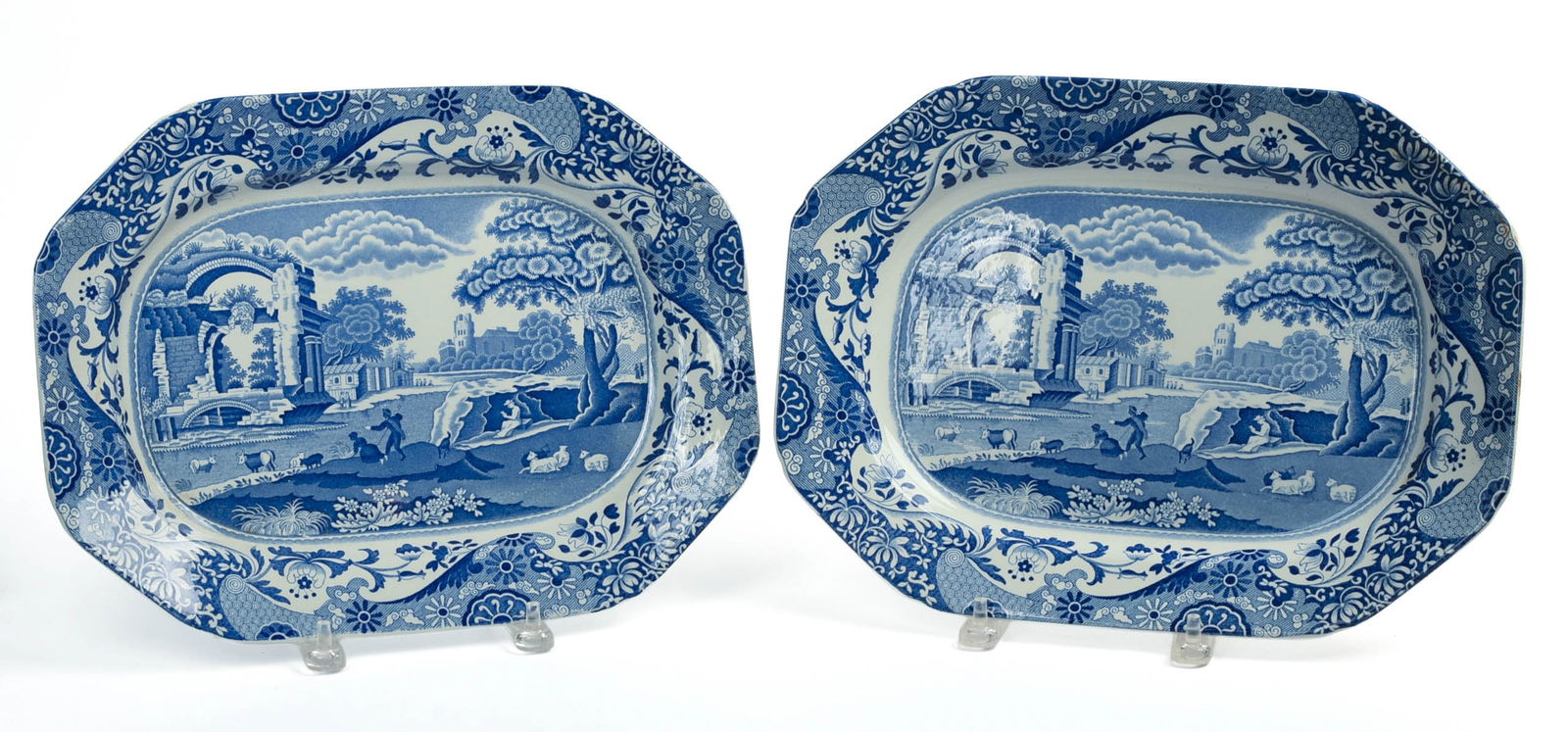 PAIR OF COPELAND SPODE ITALIAN BLUE TRANSFER PLATTERS.: 11 x 14 inches, very good condition.