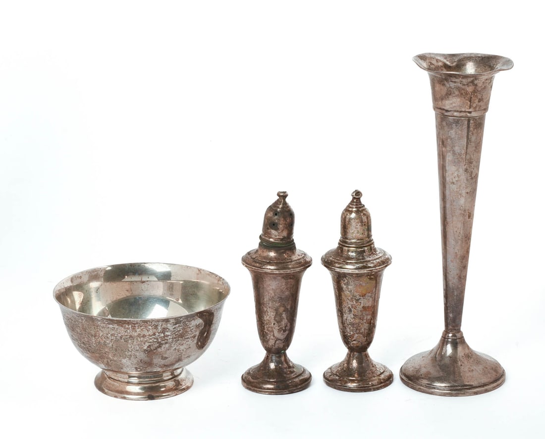 GROUP OF STERLING SILVER ITEMS.: Gorham Revere reproduction bowl, diameter 4.25 inches, 150 grams, pair of Empire weighted sterling salts, and a weighted sterling trumpet vase, dented.