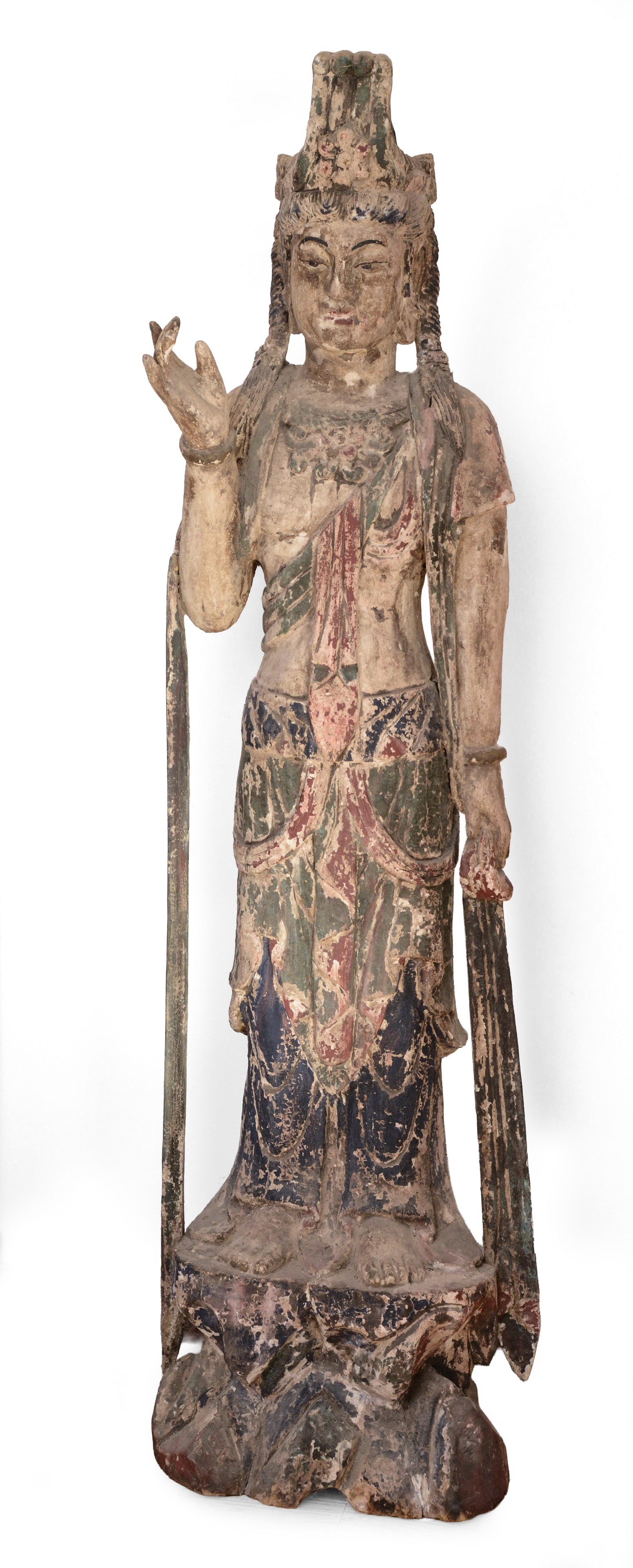 LIFE SIZE WOODEN SCULPTURE OF A BODHISATTVA.: Height 6 feet. Some paint loss, appears to be a 19th century pieces.