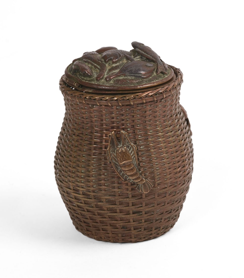 BRASS BASKET FORM INKWELL.: The cover with fish, height 3 inches.