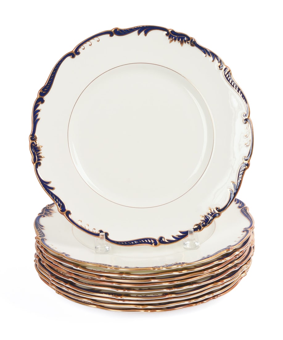 EIGHT COALPORT PORCELAIN GILT RIM DINNER PLATES. (1 of 5)