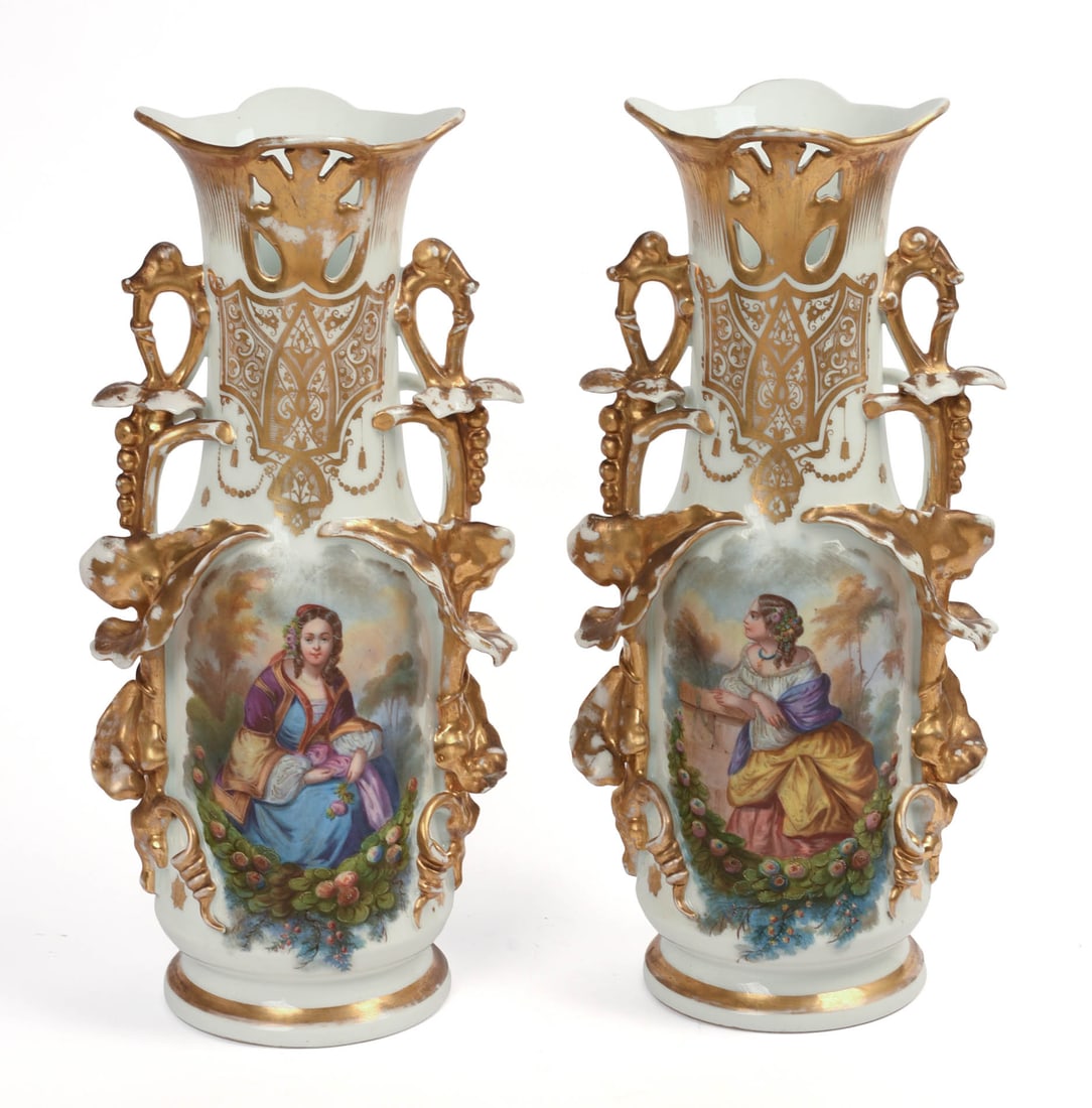 PAIR OF 19TH CENTURY OLD PARIS VASES: Height 17 inches, a few chips to vine work.
