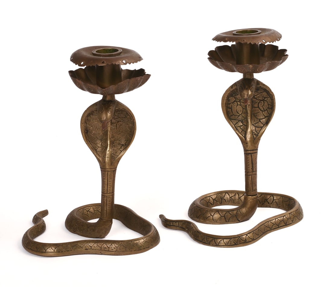 PAIR OF ORIENTAL BRASS COBRA CANDLESTICKS.: Height 7.75 inches.