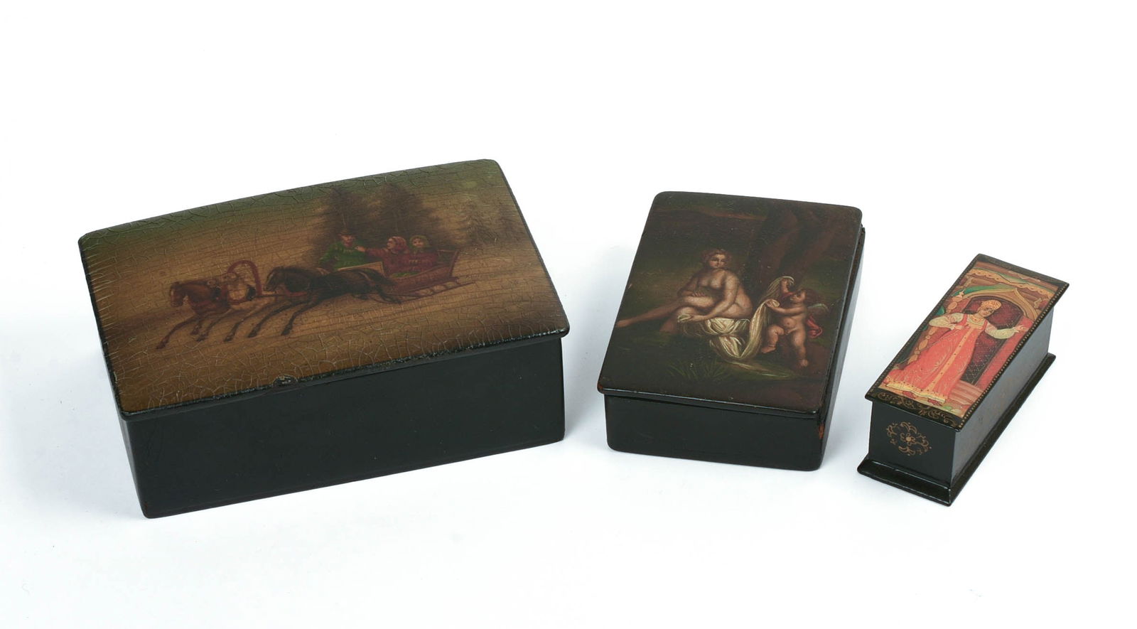 THREE RUSSIAN BLACK LACQUER BOXES. (1 of 5)