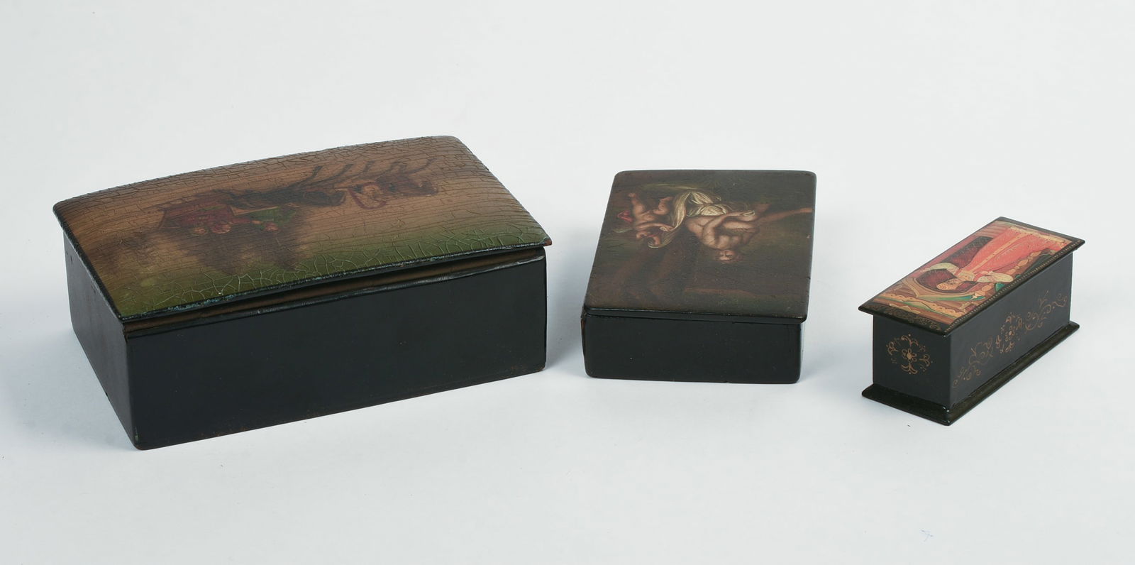 THREE RUSSIAN BLACK LACQUER BOXES. - 3