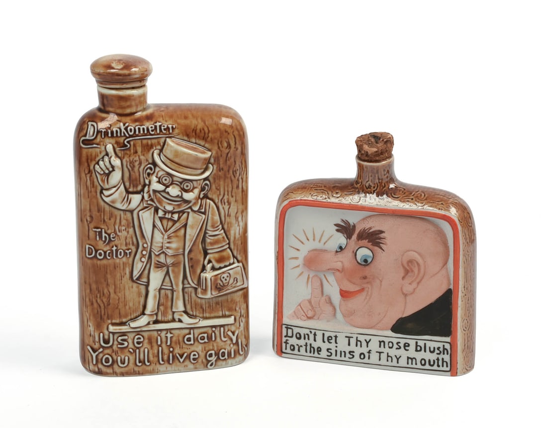 TWO HUMOROUS ENGLISH FLASKS.: Heights 4.5 and 6 inches.