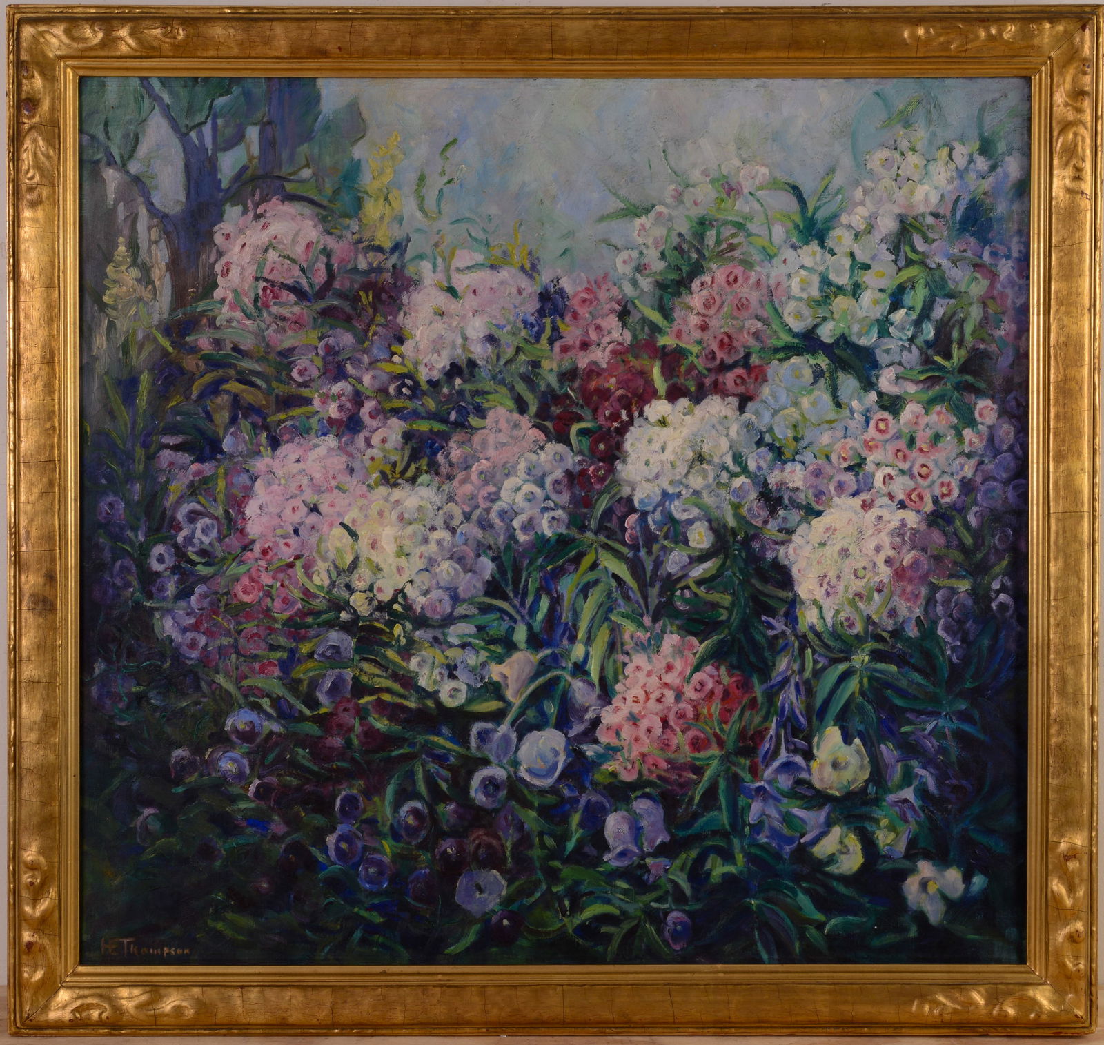 H.E. THOMPSON. SUMMER FLOWERS.: Oil on canvas, 30 x 32 inches, signed lower left. Framed, 34 x 36 inches. Frame possibly Newcomb Macklin.
