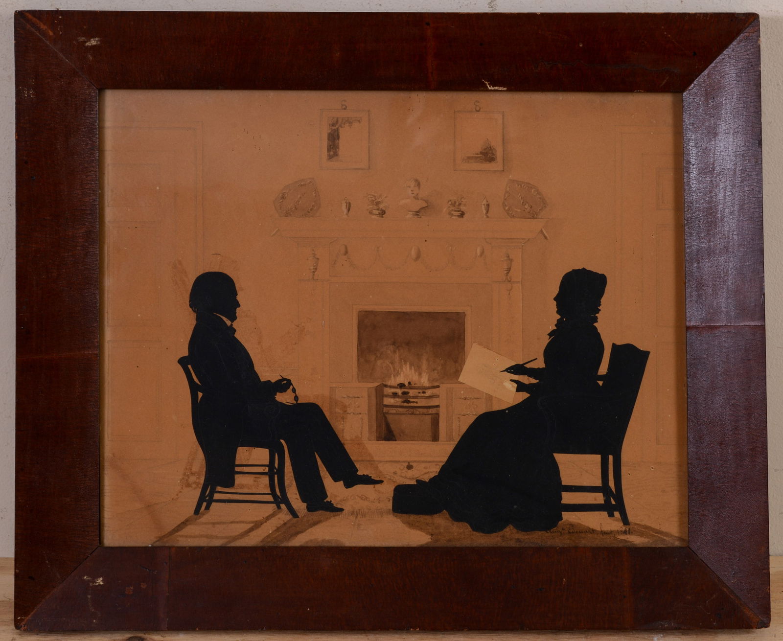 AUGUSTE EDOUART (1789 - 1861). SILHOUETTE PORTRAIT OF A COUPLE.: Cut paper and watercolor on paper, 11 x 14 inches, sight, signed and dated 1841 lower right. Label on back reads " Record of Silhouette "Ancestors in Silhouette by Auguste Edouart" By Mrs. F. Nevil
