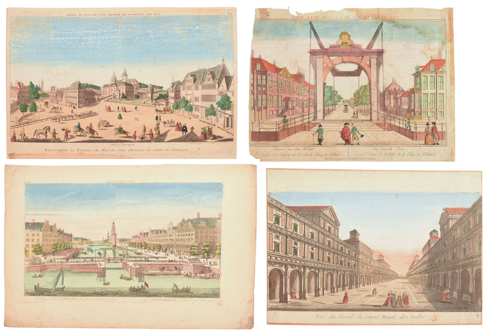 FOUR FRENCH VUE D' OPTIQUE HAND COLORED ENGRAVINGS.: Sheets approximately 12 x 18 inches. Some minor foxing.