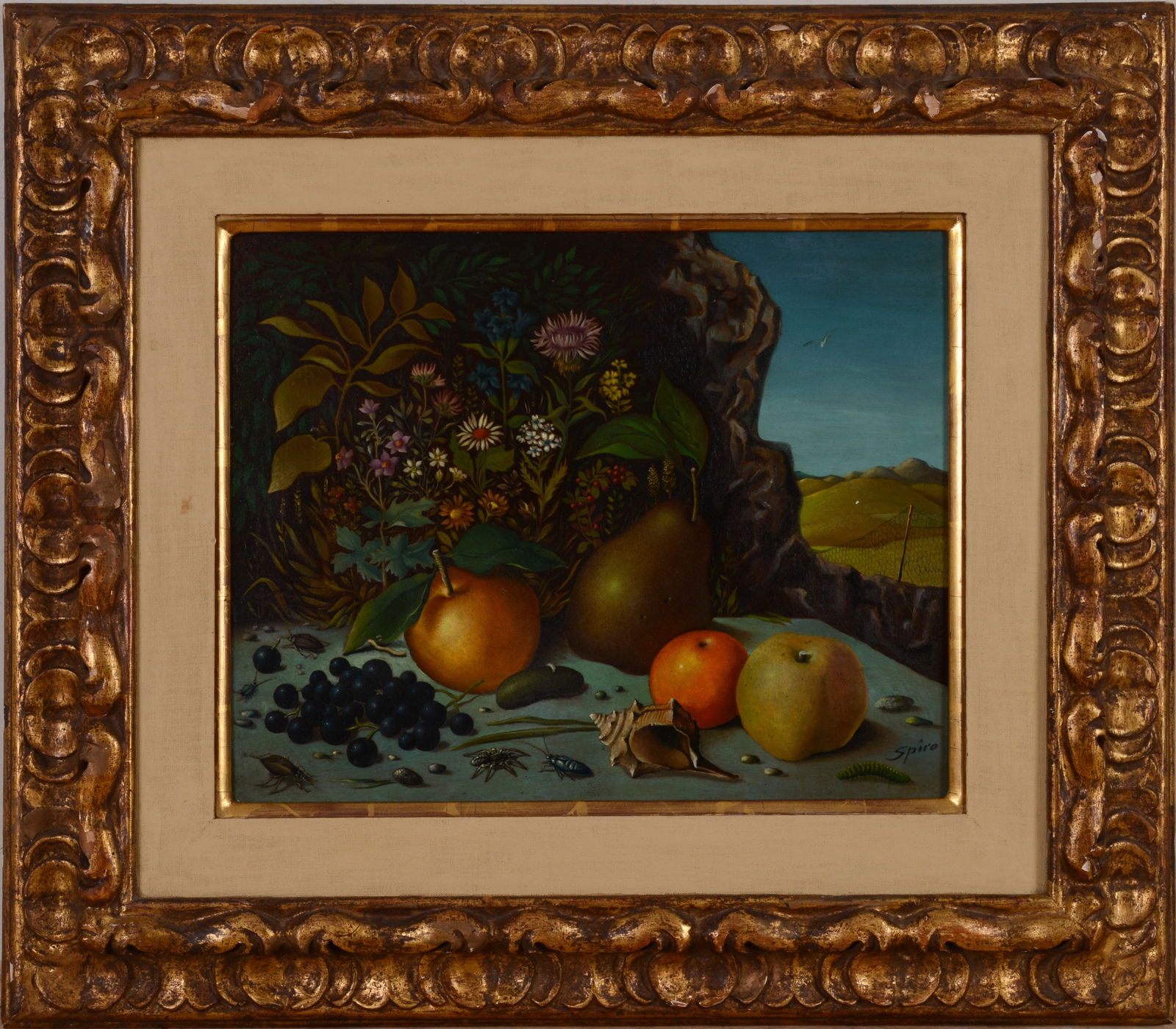 GEORGES SPIRO (1909-1994). SURREALIST STILL LIFE.: Oil on masonite, 13 x 16.25 inches, signed lower right. Framed, 22.5 x 26 inches.