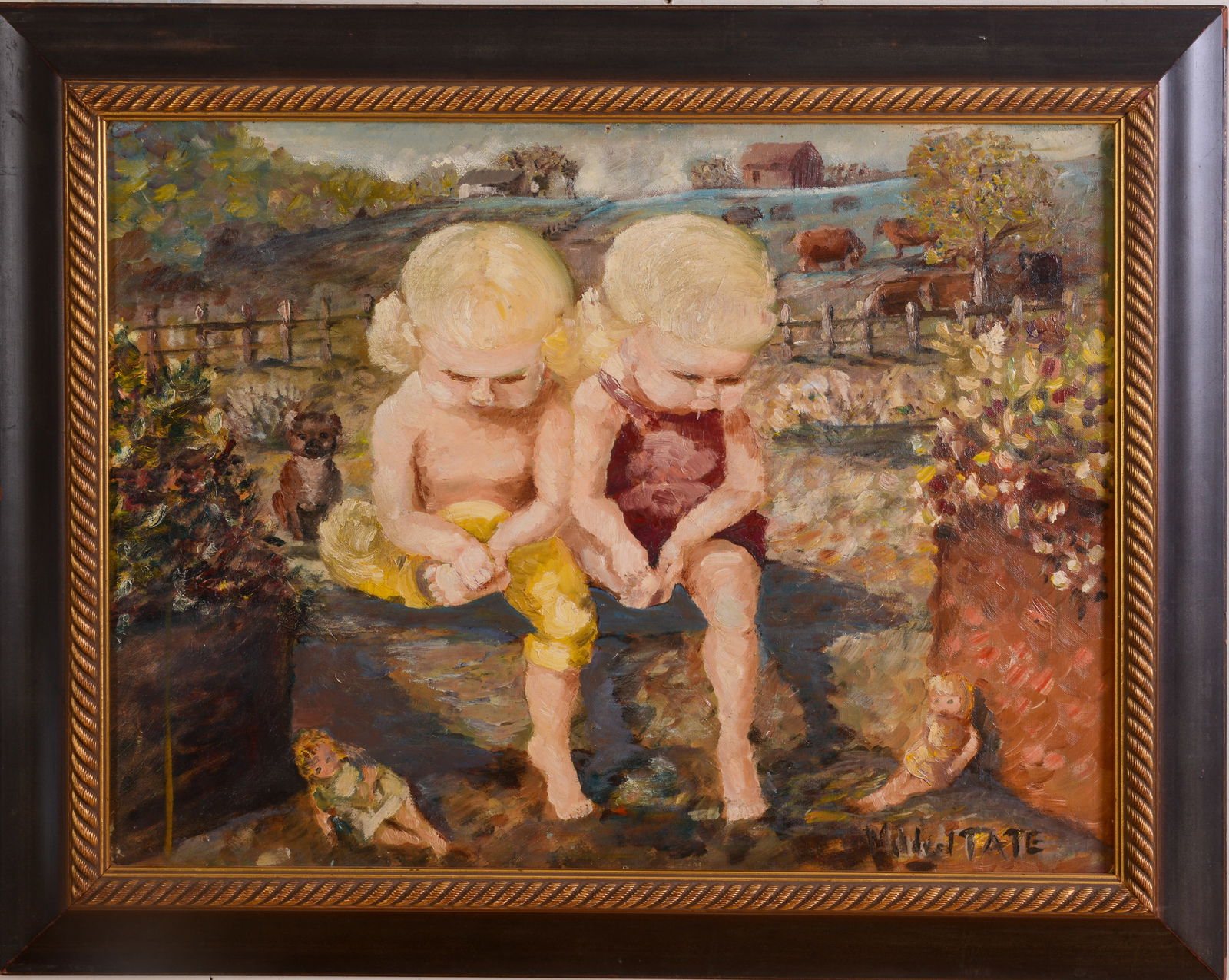 IMPRESSIONIST PAINTING OF TWO CHILDREN.: Signed LR Mildred Tate. Watercolor on paper, 18 x 24 inches, sight. Framed, 23 x 29 inches.
