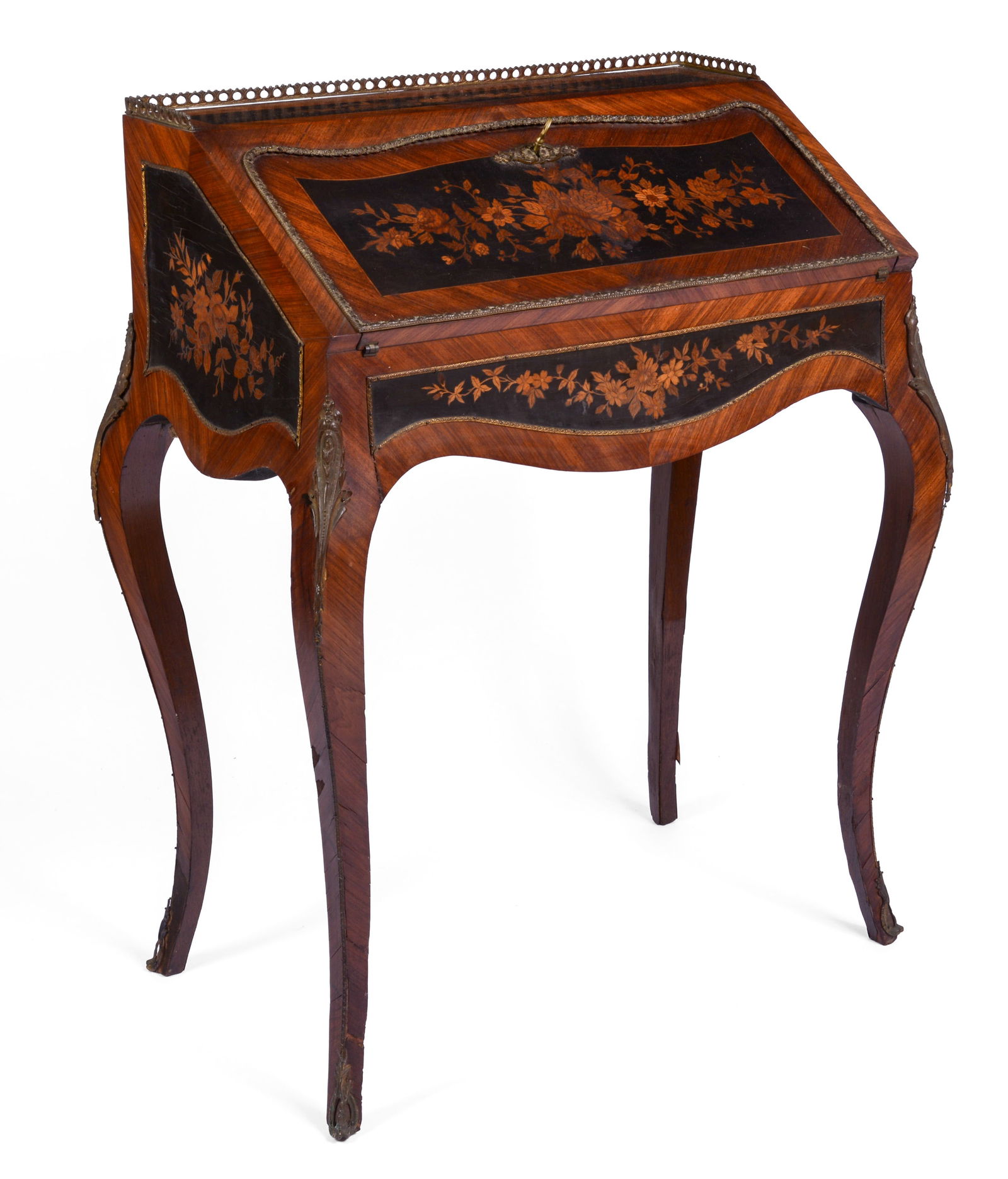 ANTIQUE FRENCH MARQUETRY INLAY FALL FRONT DESK HAVING BRONZE MOUNTS. (1 of 5)