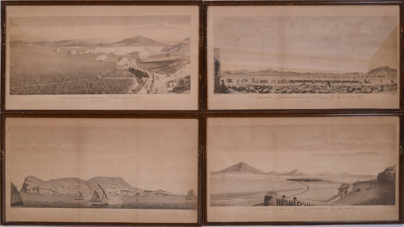 FOUR EARLY ENGLISH PRINTS OF GIBRALTAR, 1785.: Framed, 11 x 19.75 inches.