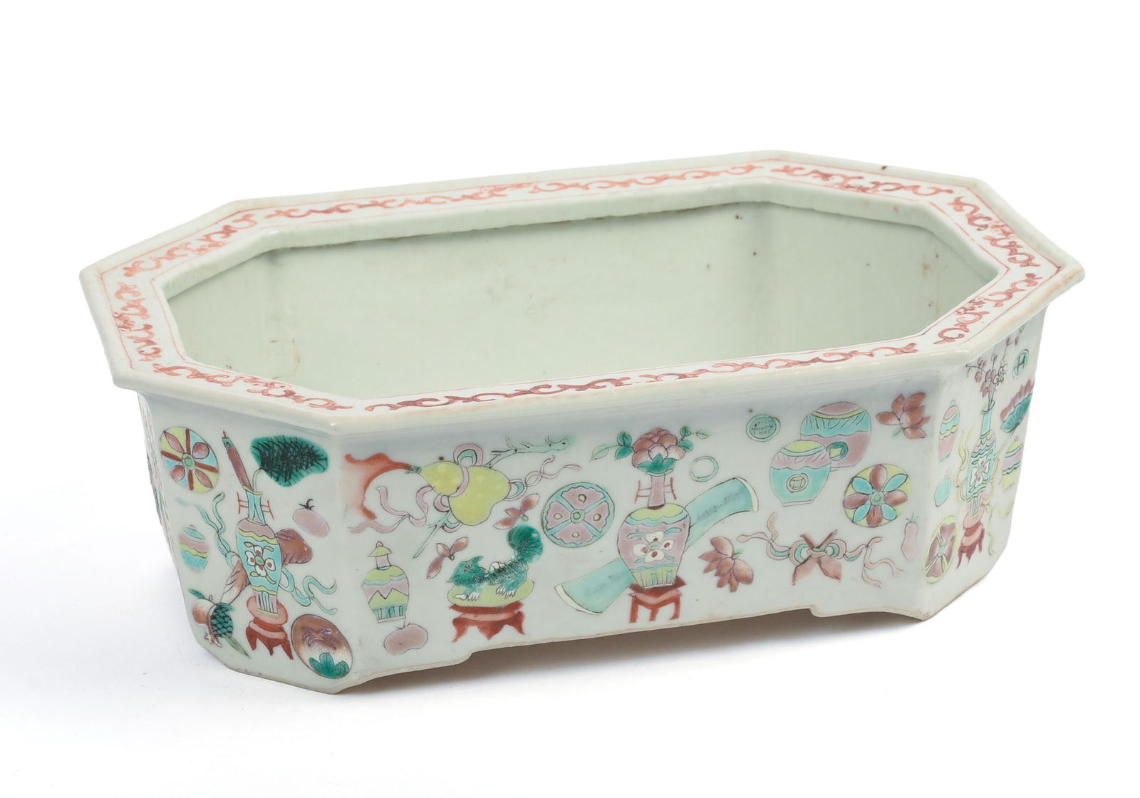 CHINESE FAMILLE ROSE PORCELAIN HEXAGONAL JARDINIERE. (1 of 5)