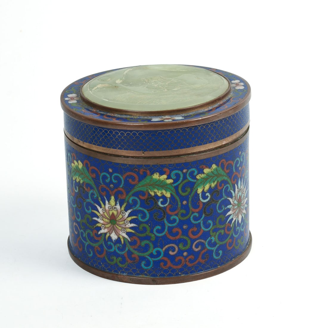 CHINESE CLOISONNE COVERED JAR WITH INSET CARVED HARDSTONE PLAQUE. (1 of 6)