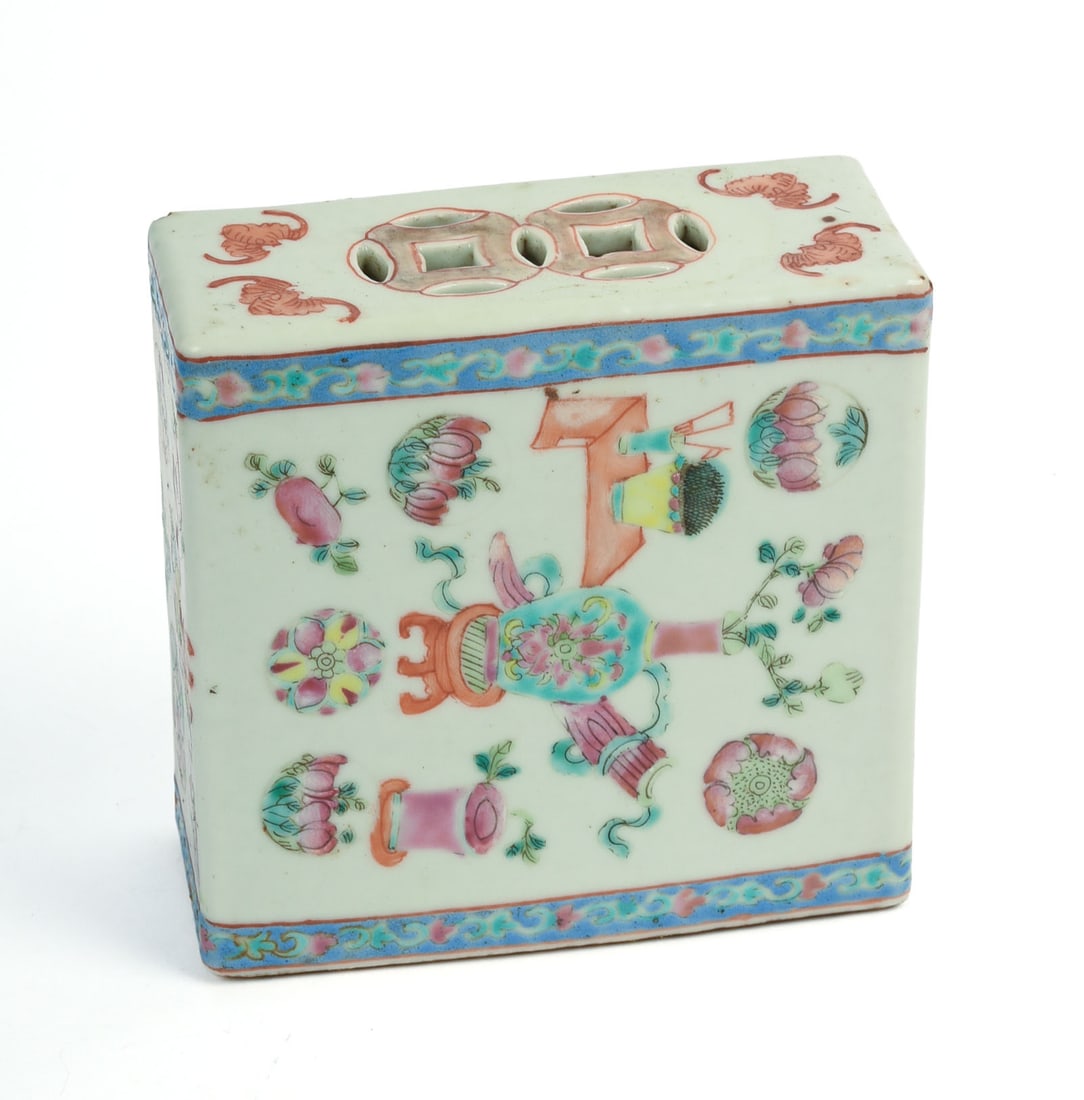 CHINESE FAMILLE ROSE PORCELAIN PILLOW.: 19th century. 4.5 x 2 x 4.75 inches.