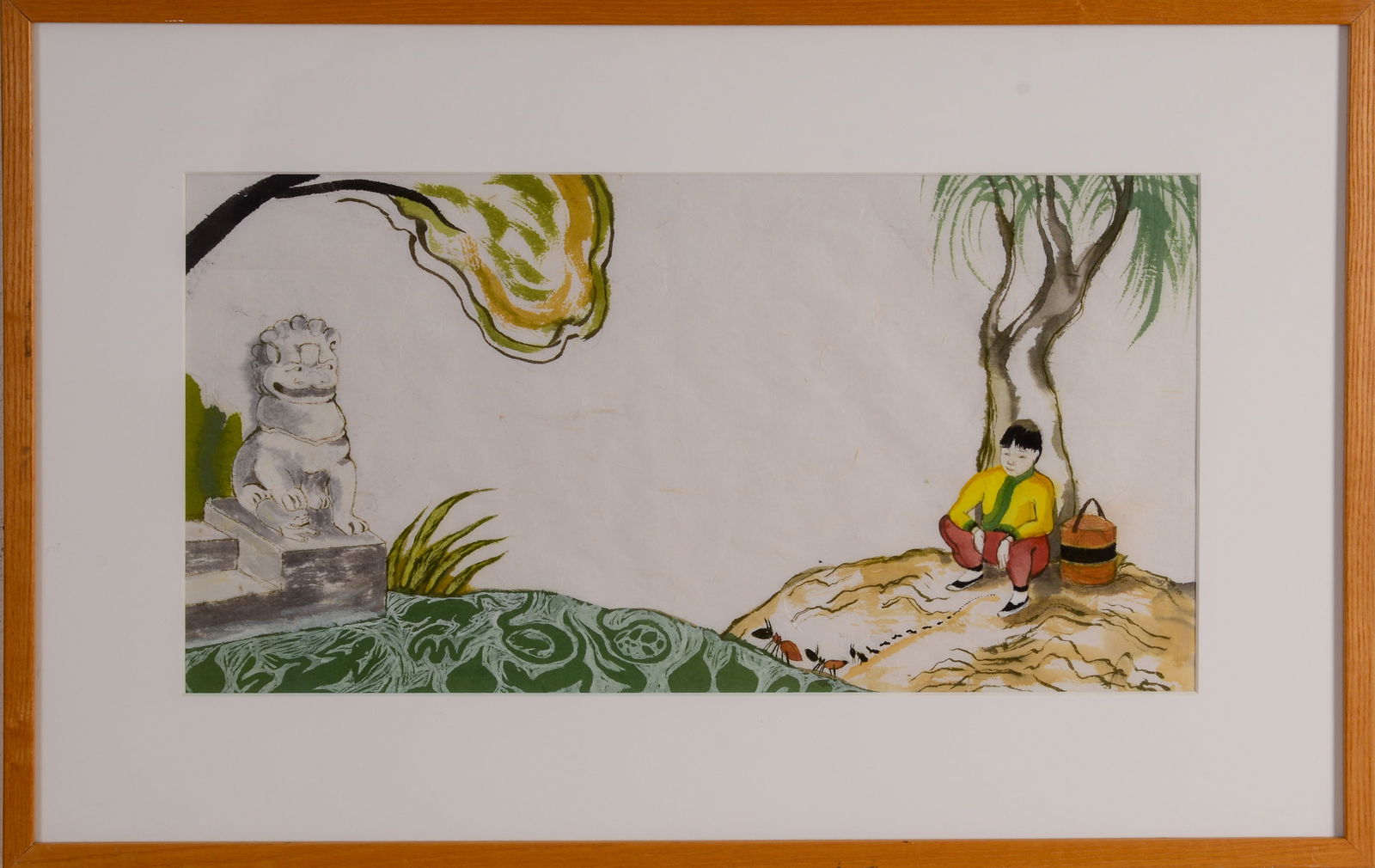 CHINESE WATERCOLOR OF A BOY.: Depicting a boy sitting under a tree watching a row of ants. On rice paper, 10 x 19 inches, sight. Framed, 17 x 26 inches.