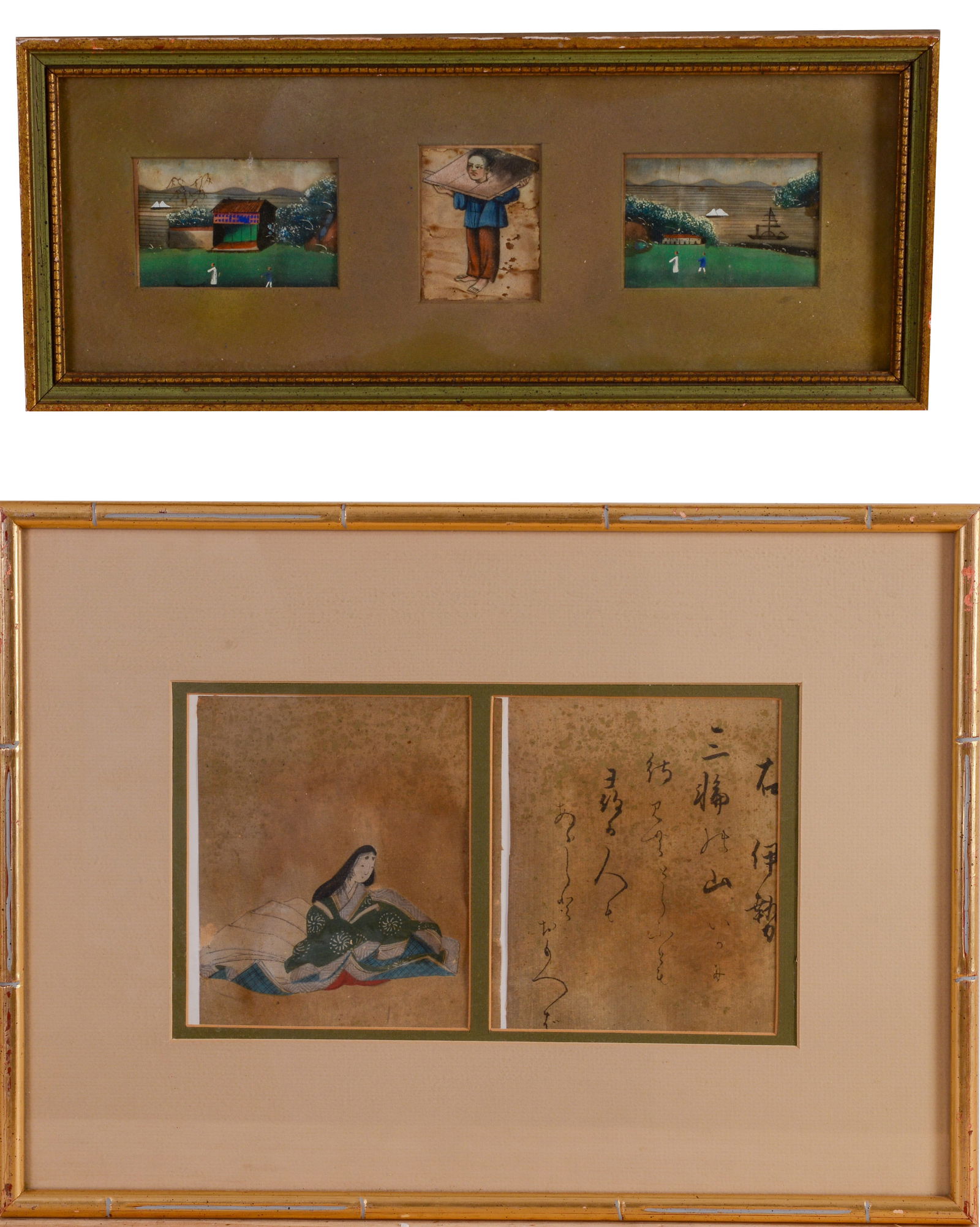 THREE CHINESE PITH PAINTINGS AND A JAPANESE BOOK ILLUSTRATION. (1 of 3)