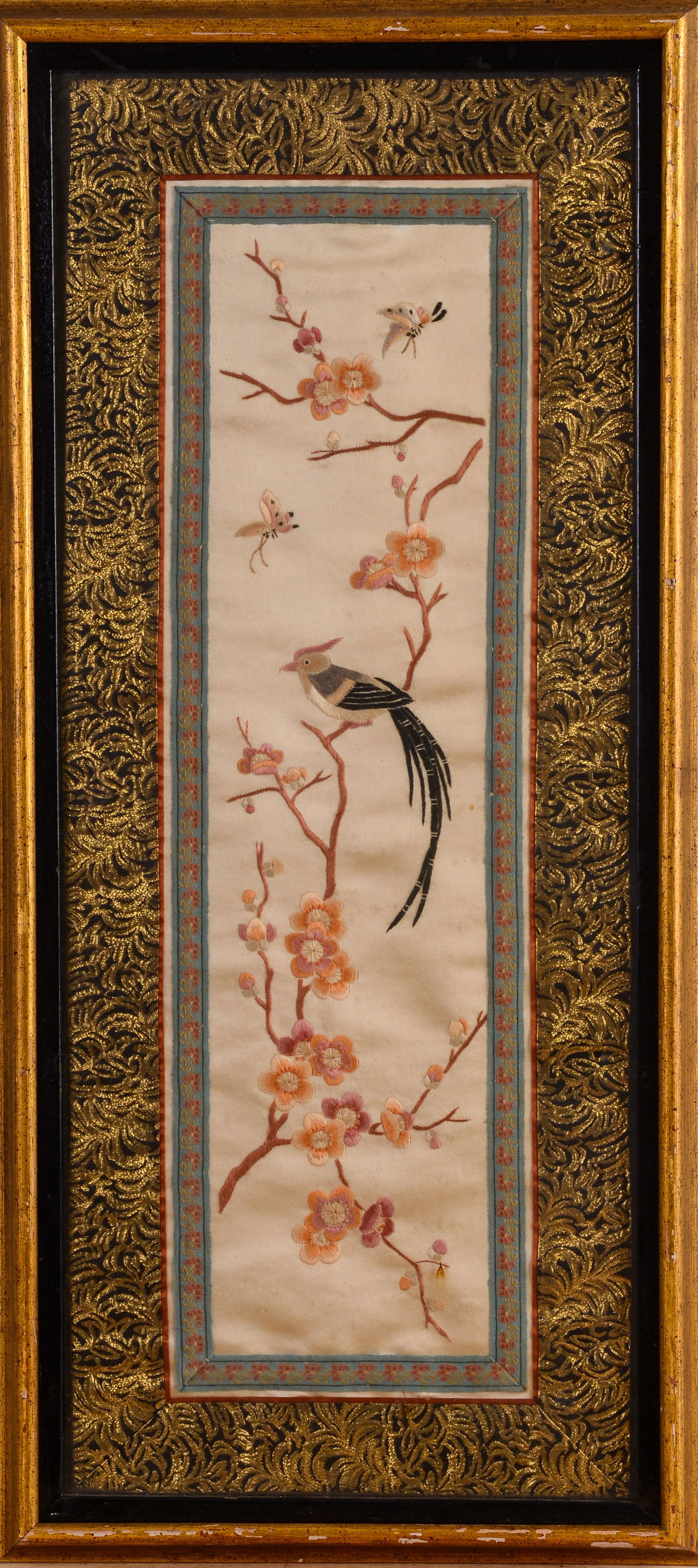CHINESE SILK PANEL WITH BIRD AND BUTTERFLIES. (1 of 2)