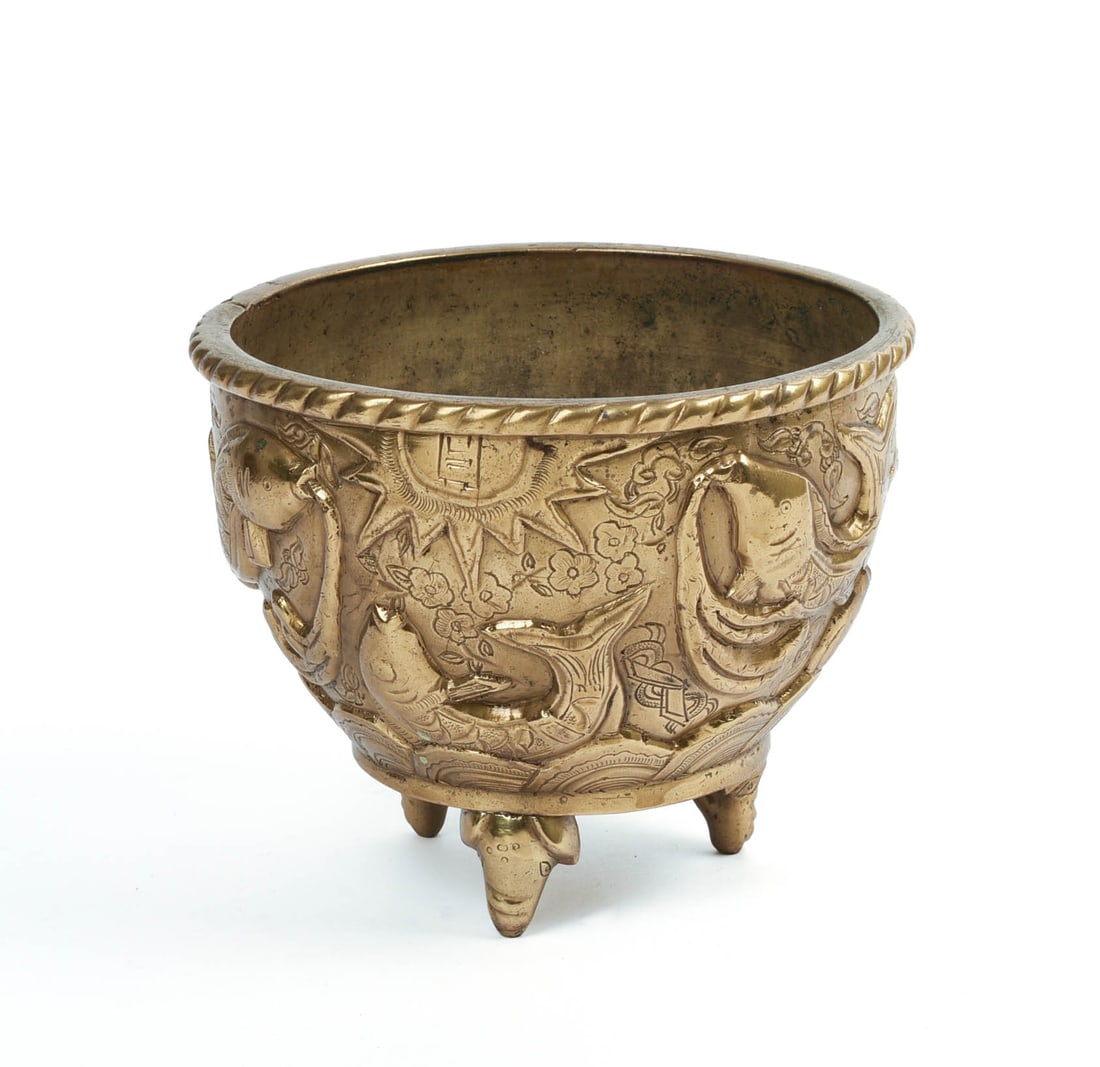 CHINESE BRASS POT WITH FISH DECORATION. (1 of 4)