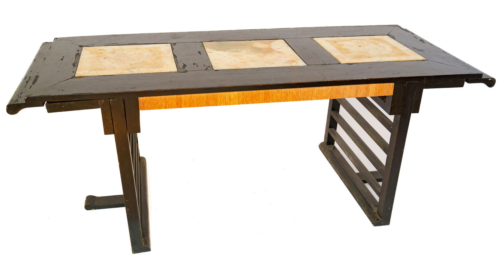 CHINESE CONVERTIBLE TABLE WITH MARBLE INSERTS. (1 of 5)