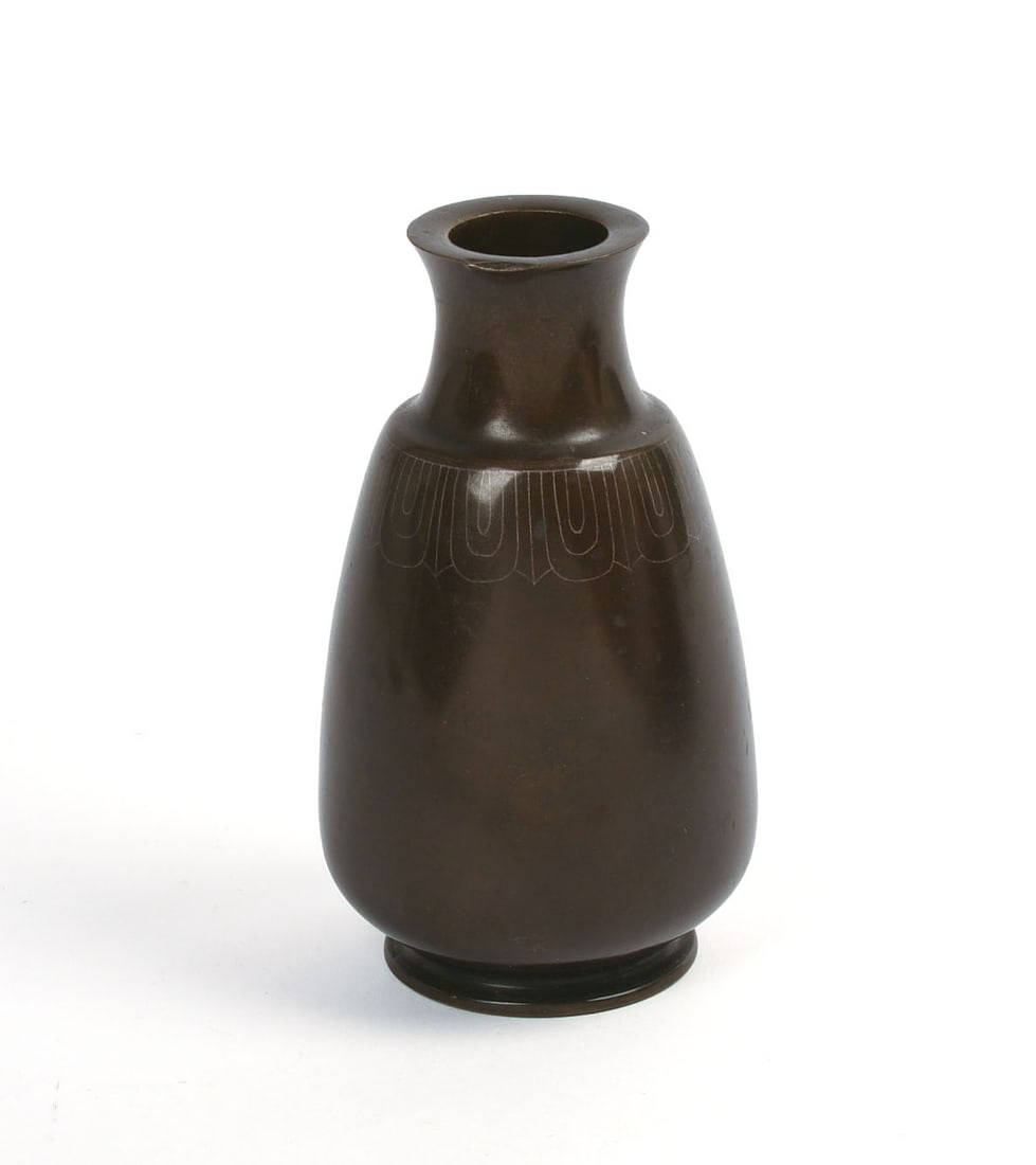 JAPANESE SILVER INLAID BRONZE VASE. (1 of 3)