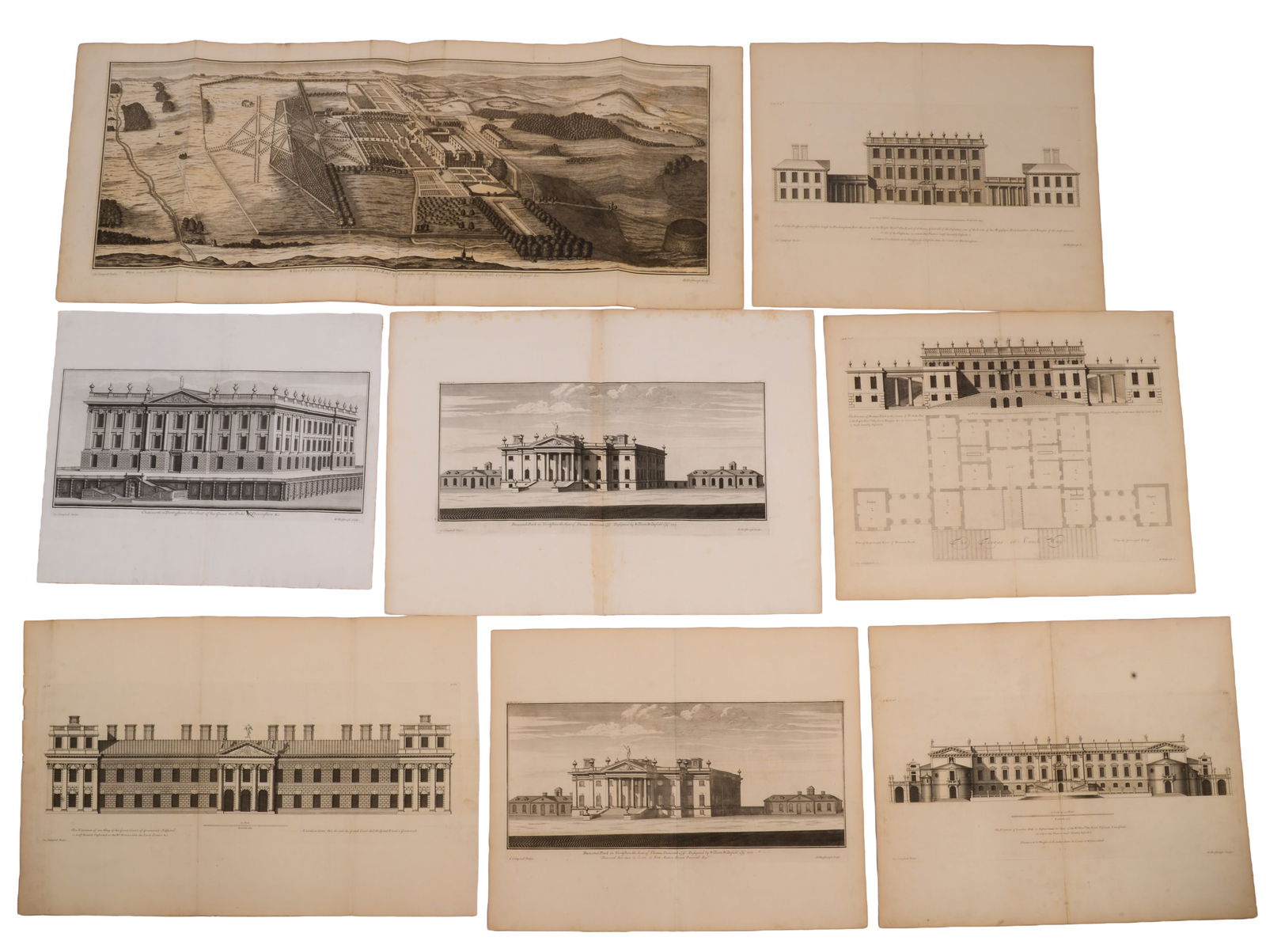 GROUP OF PRINTS FROM VITRUVIUS BRITANNICUS.: Colen Campbell, published 1715, including 38 sheets, largest 18.5 x 43 inches. A few appear to be later reprints, most are 18th century originals.