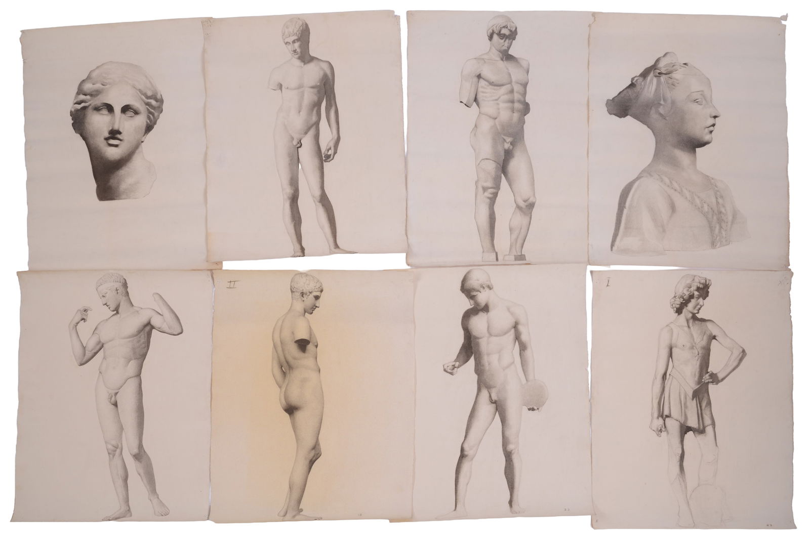 EIGHT 19TH C. FRENCH ACADEMIC DRAWINGS.: Depictions of classical statuary and male nudes, on laid paper with French watermarks. Sheets 24 x 19 inches.