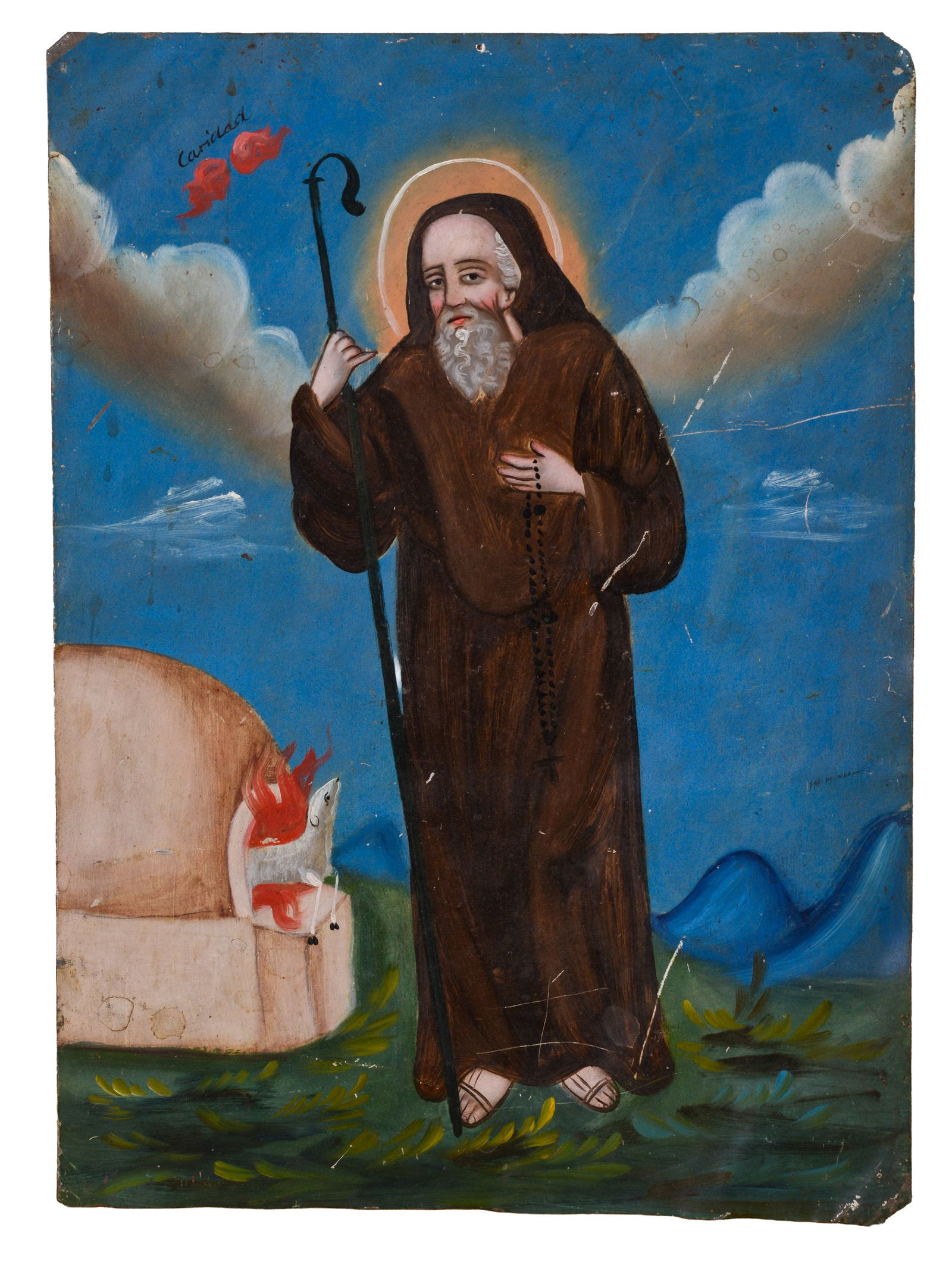 LATIN AMERICAN RETABLO OF THE SHEPHERD: Inscribed â€?caridadâ€?, 19th century, 13.5 x 10 inches.